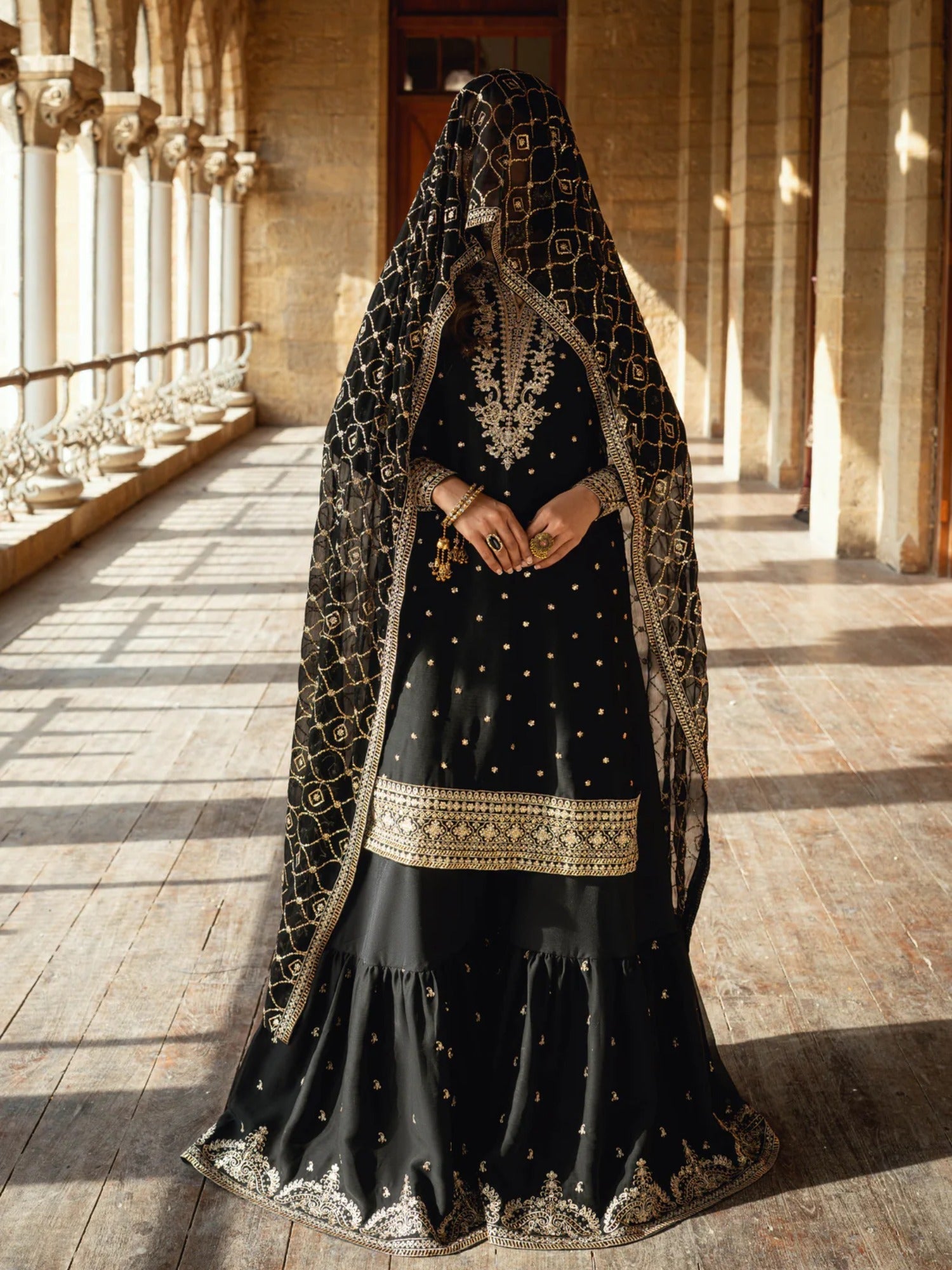 Black Hani & Umaima Chiffon Embroidered Gharara-Seemal