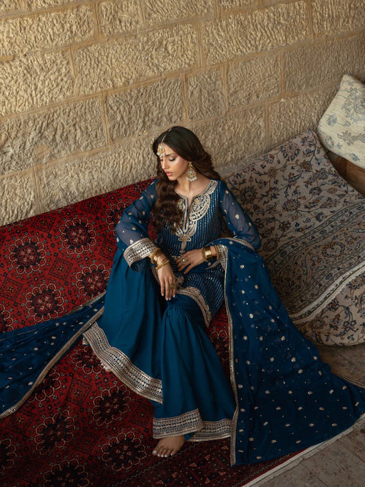 Blue Hani & Umaima Chiffon Embroidered Gharara-Ushna
