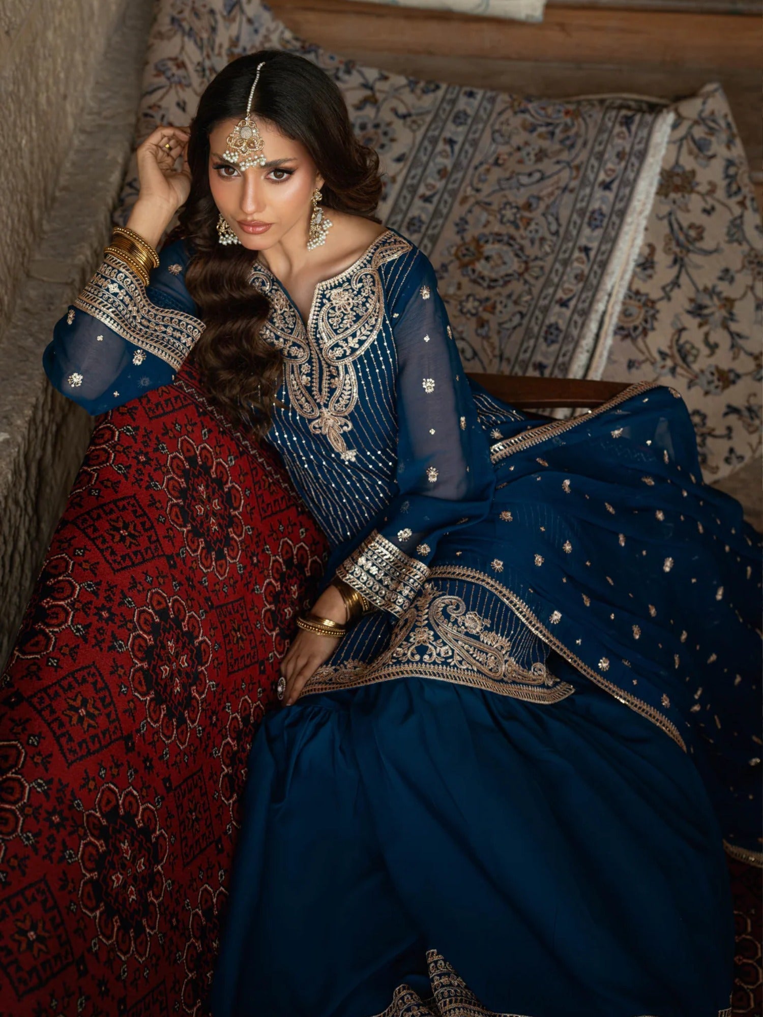 Blue Hani & Umaima Chiffon Embroidered Gharara-Ushna
