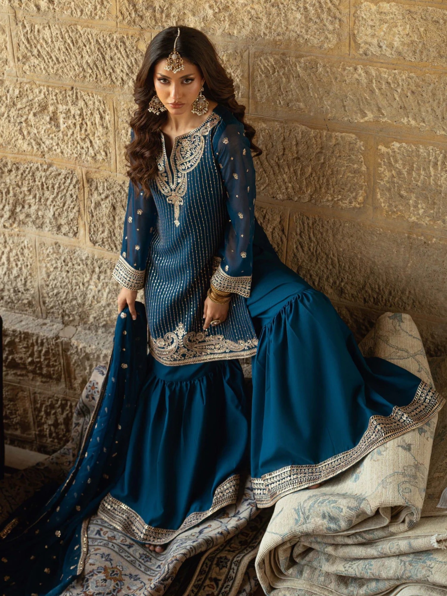 Blue Hani & Umaima Chiffon Embroidered Gharara-Ushna