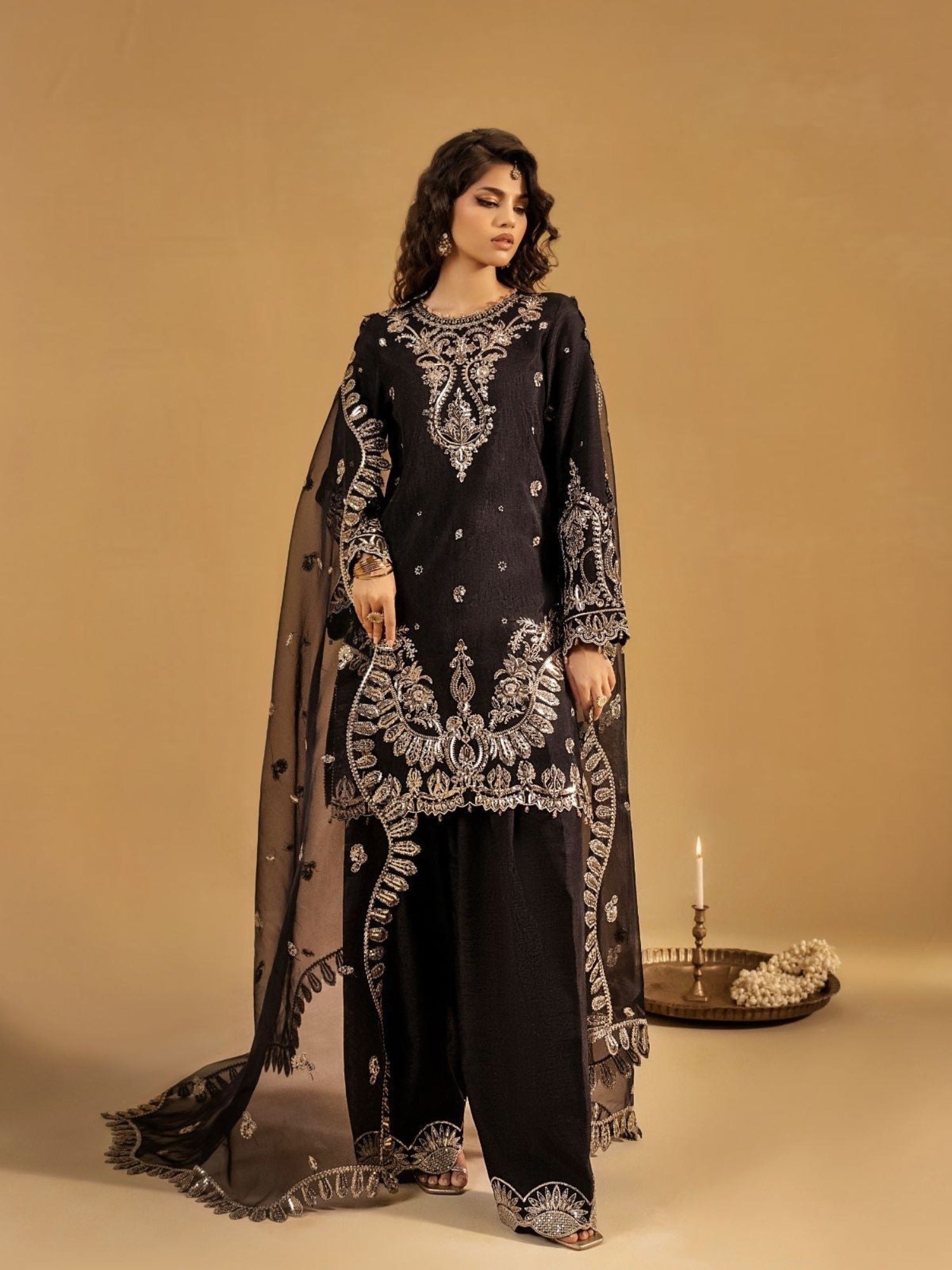 Black-Enzo Celia Korean Raw Silk Embroidered Unstitched 3-Piece Suit-Veyra