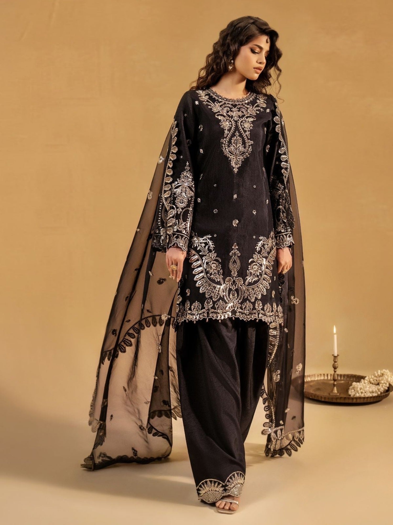 Black-Enzo Celia Korean Raw Silk Embroidered Unstitched 3-Piece Suit-Veyra