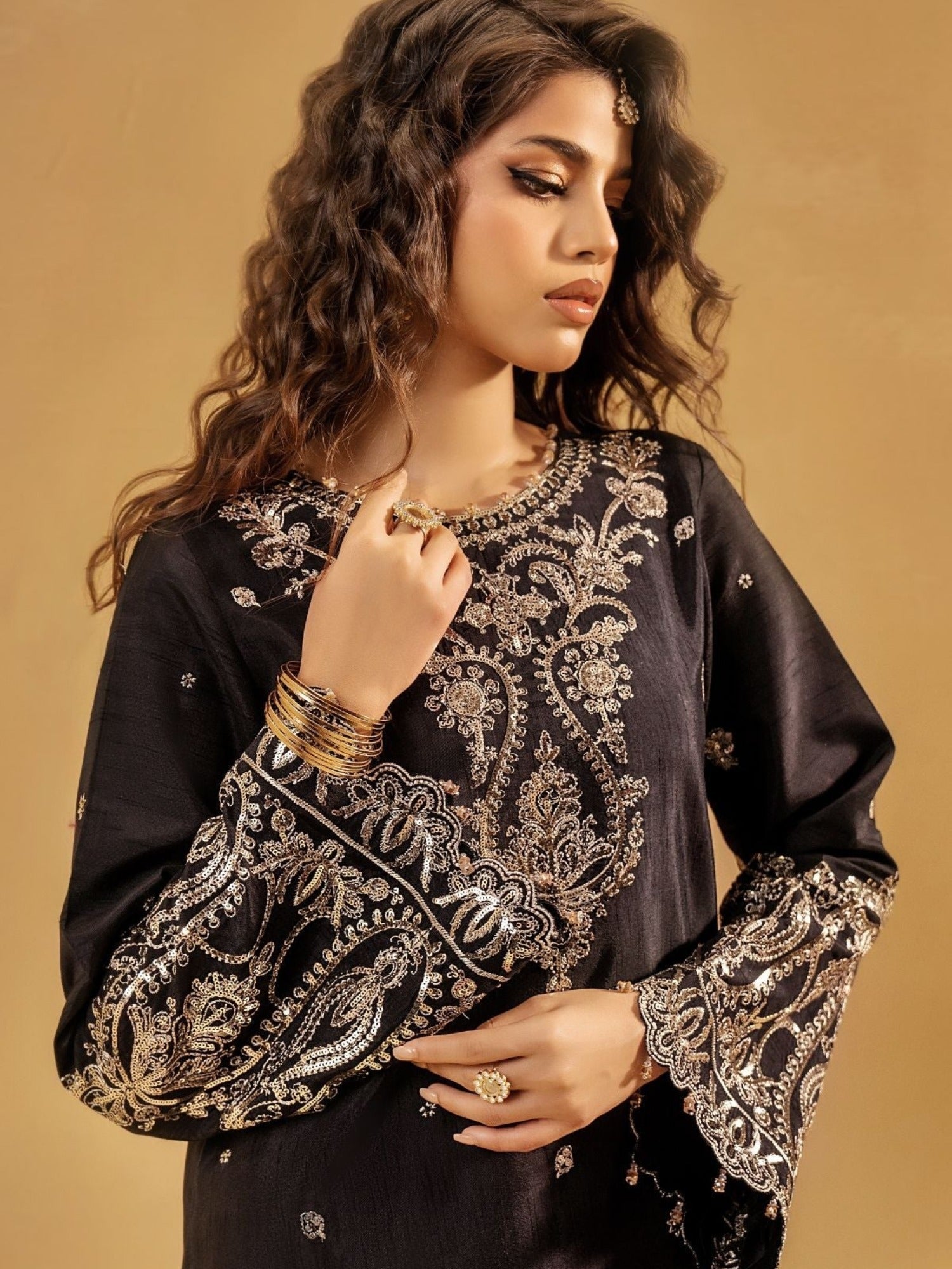Black-Enzo Celia Korean Raw Silk Embroidered Stitched 3-Piece Suit-Veyra