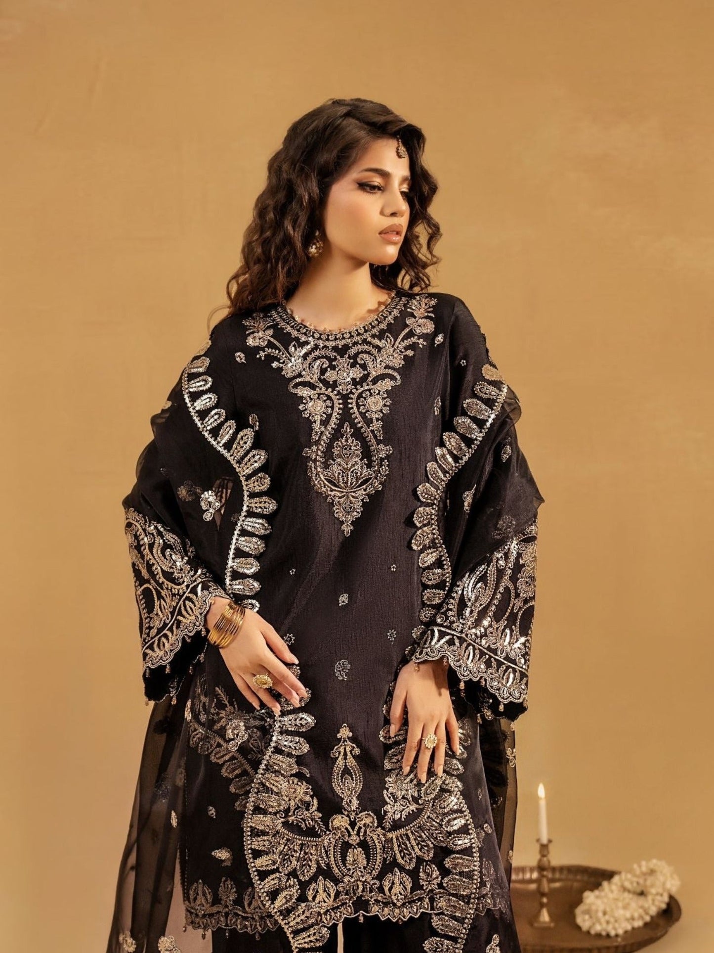 Black-Enzo Celia Korean Raw Silk Embroidered Unstitched 3-Piece Suit-Veyra