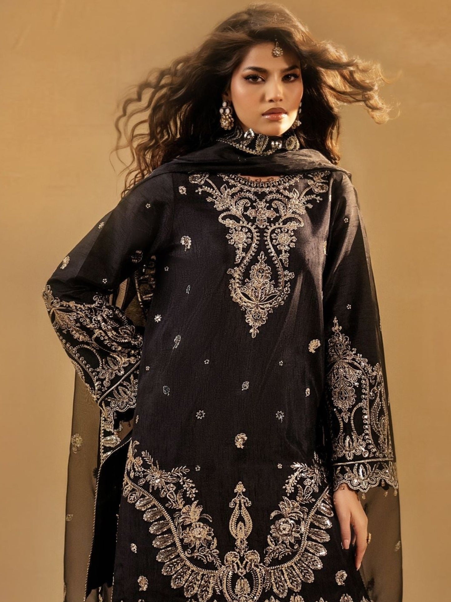 Black-Enzo Celia Korean Raw Silk Embroidered Unstitched 3-Piece Suit-Veyra