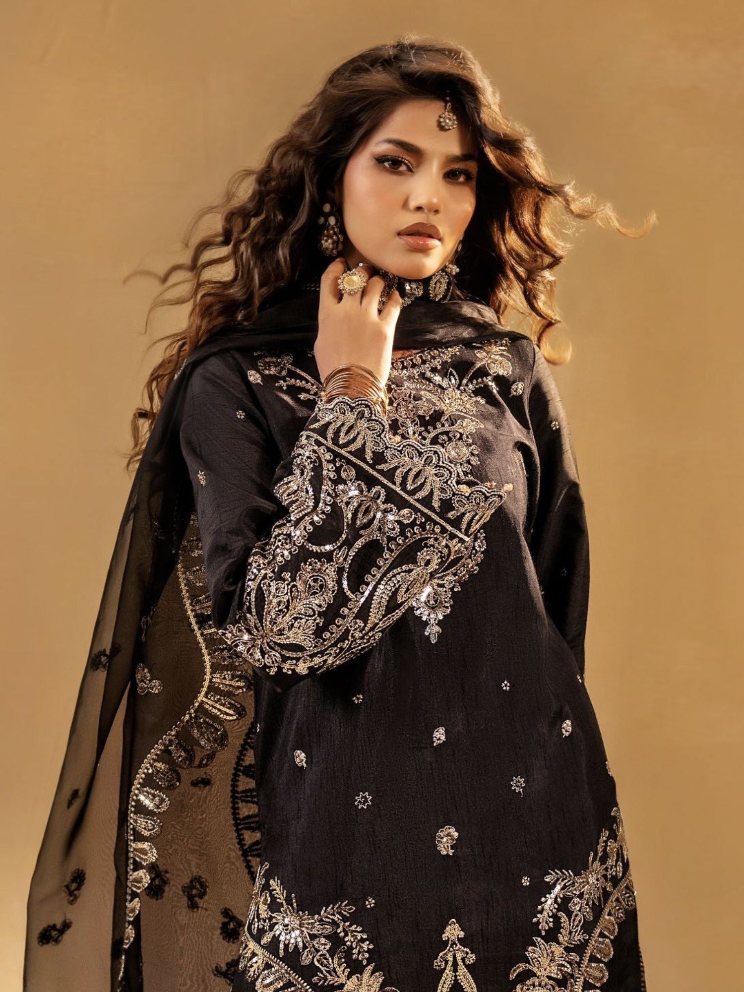 Black-Enzo Celia Korean Raw Silk Embroidered Stitched 3-Piece Suit-Veyra
