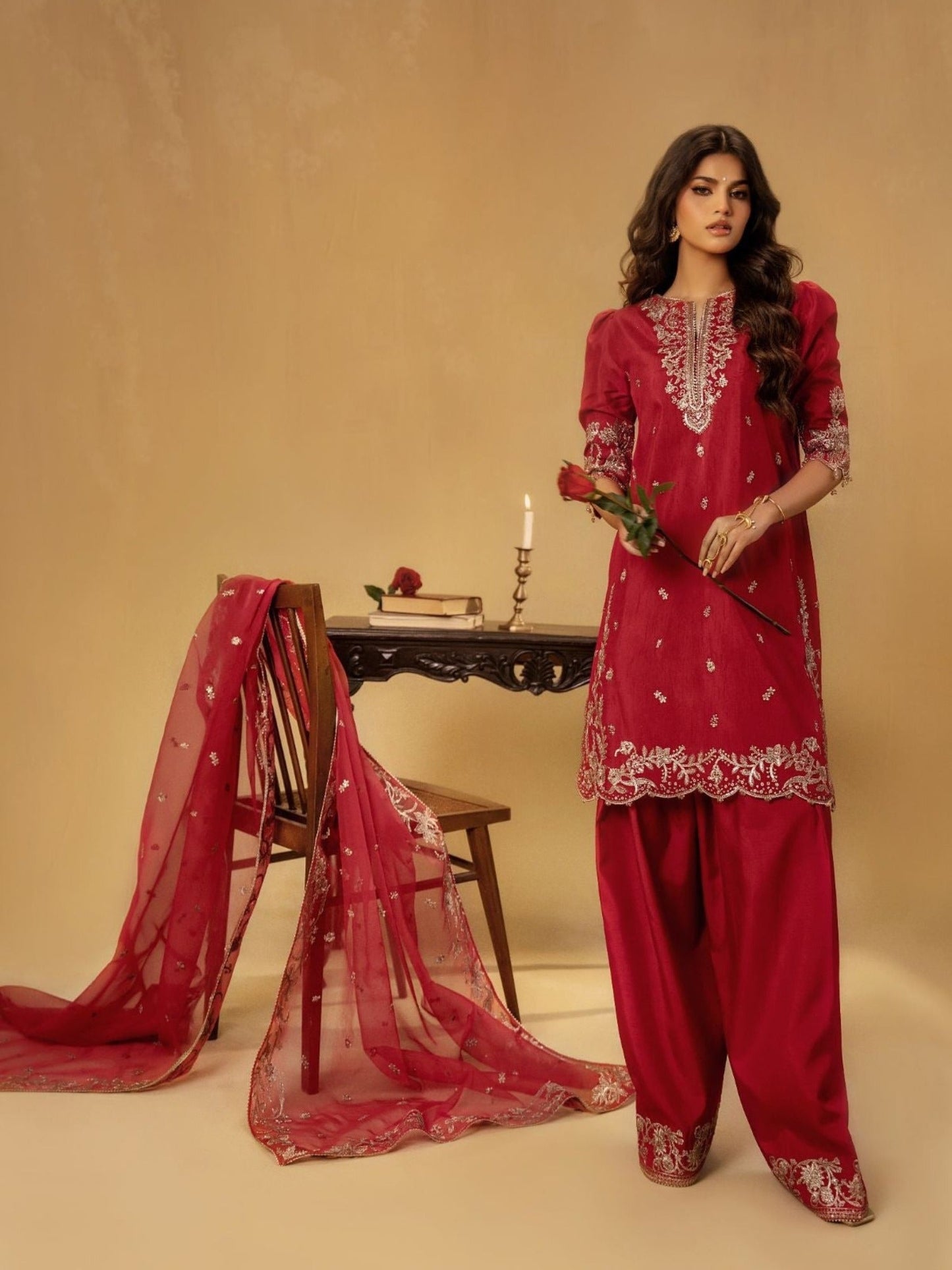 Red-Enzo Celia Korean Raw Silk Embroidered Unstitched 3-Piece Suit-Lyra