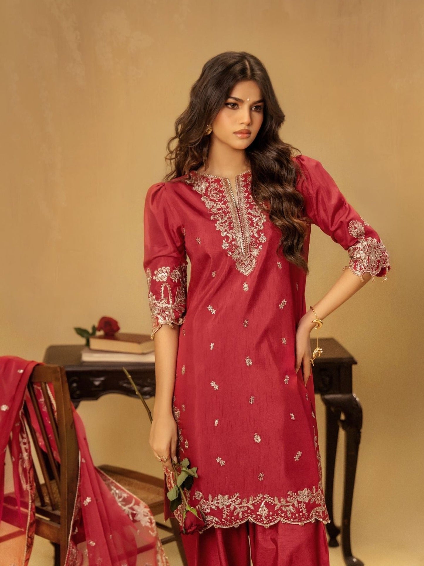 Red-Enzo Celia Korean Raw Silk Embroidered Unstitched 3-Piece Suit-Lyra
