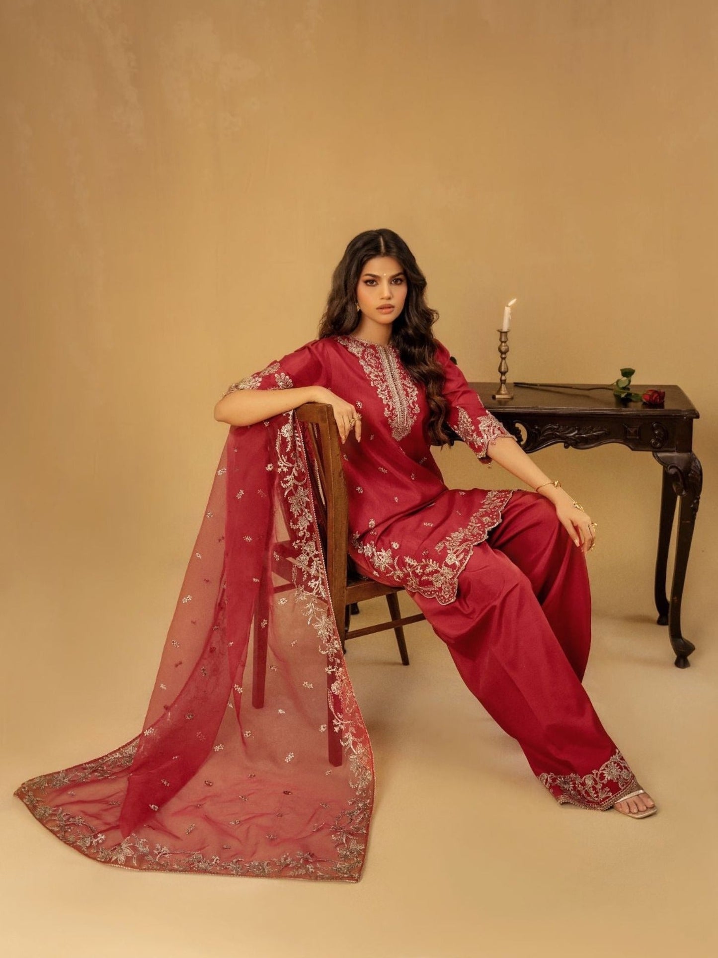 Red-Enzo Celia Korean Raw Silk Embroidered Unstitched 3-Piece Suit-Lyra