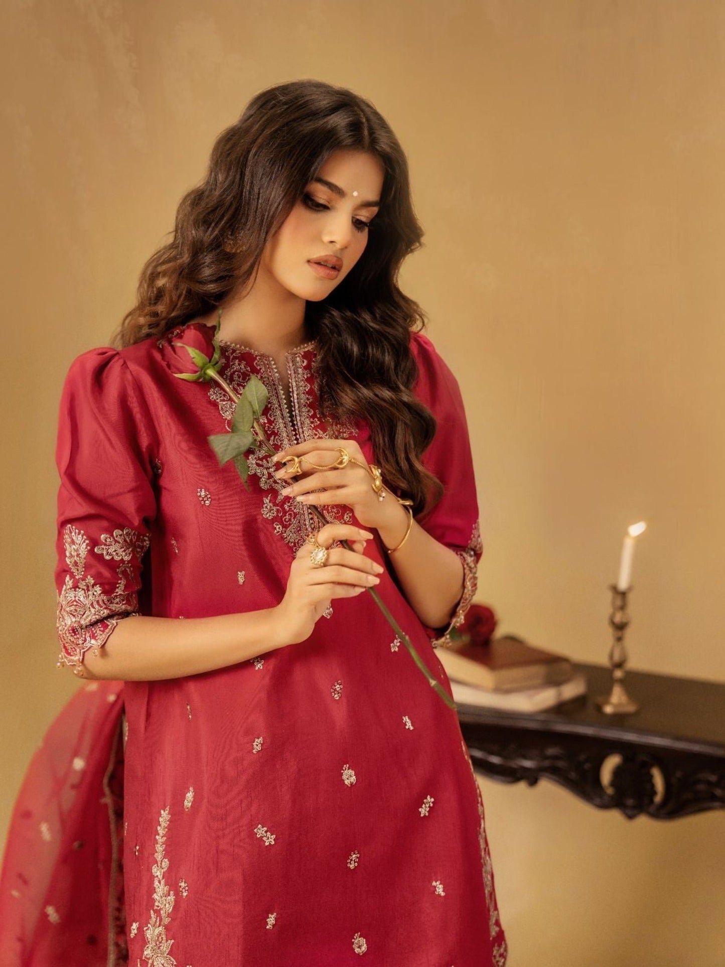 Red-Enzo Celia Korean Raw Silk Embroidered Stitched 3-Piece Suit-Lyra