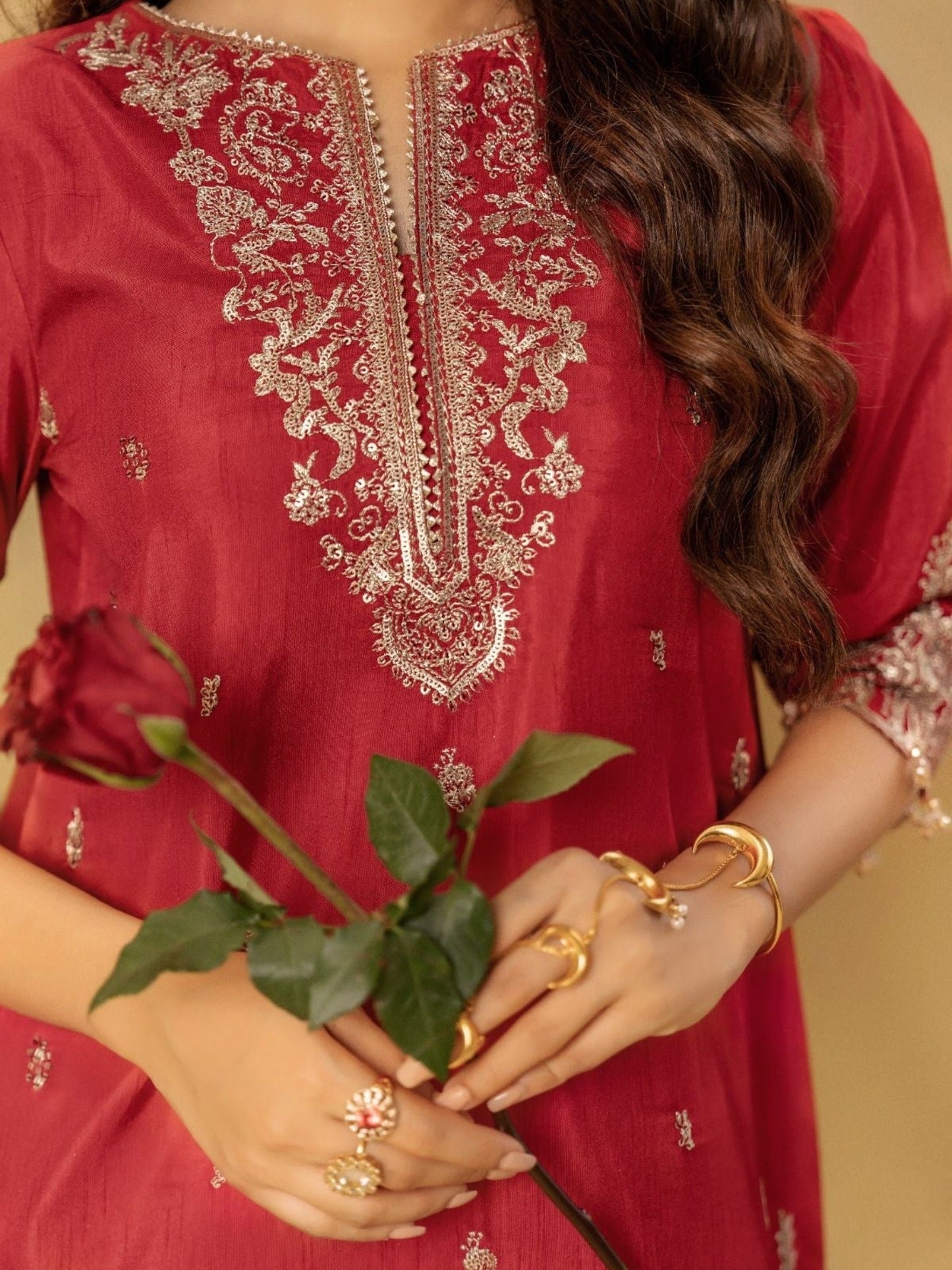 Red-Enzo Celia Korean Raw Silk Embroidered Stitched 3-Piece Suit-Lyra