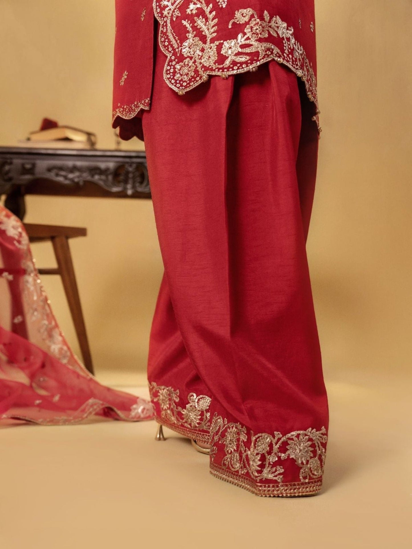 Red-Enzo Celia Korean Raw Silk Embroidered Stitched 3-Piece Suit-Lyra