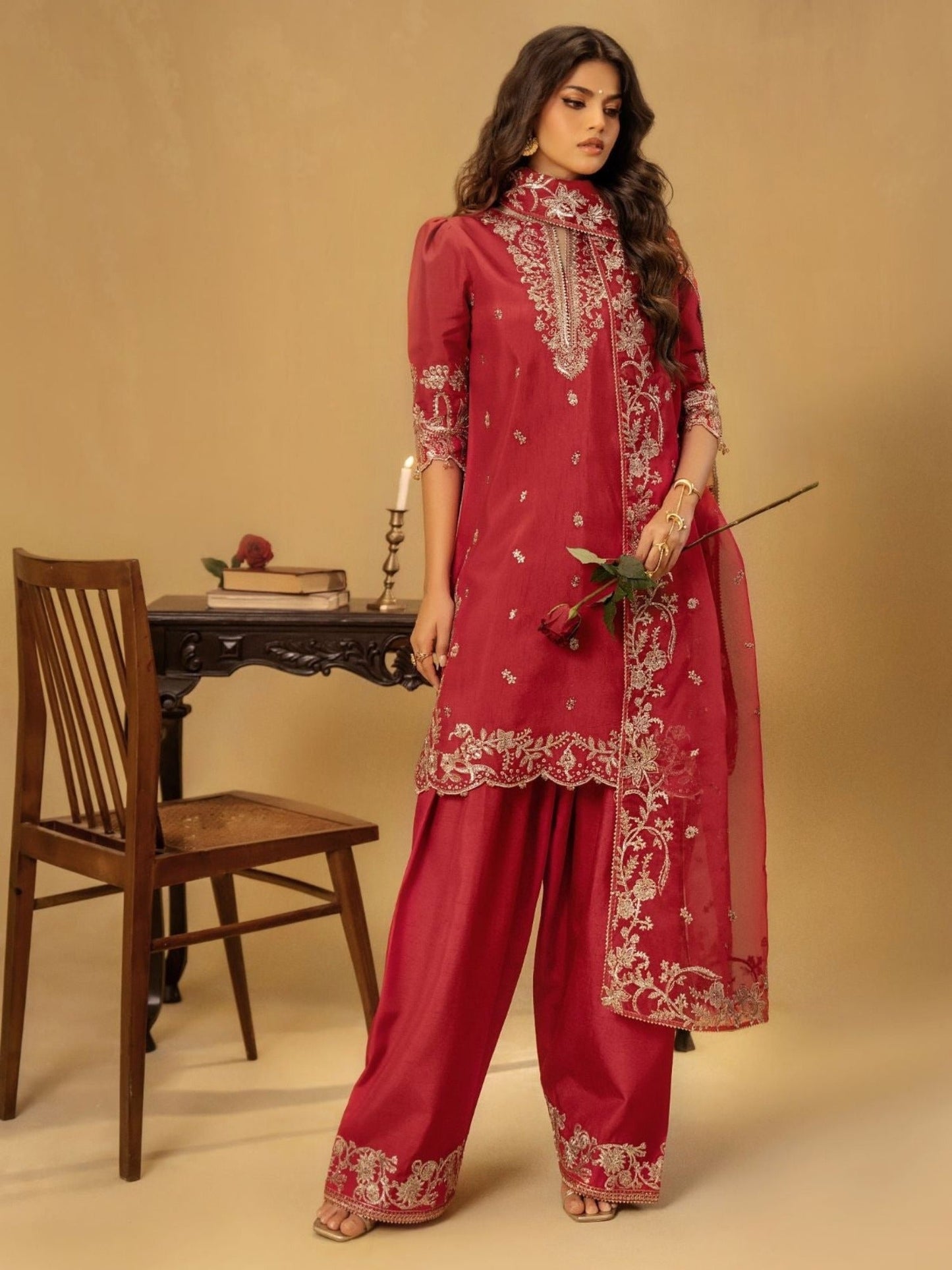 Red-Enzo Celia Korean Raw Silk Embroidered Stitched 3-Piece Suit-Lyra
