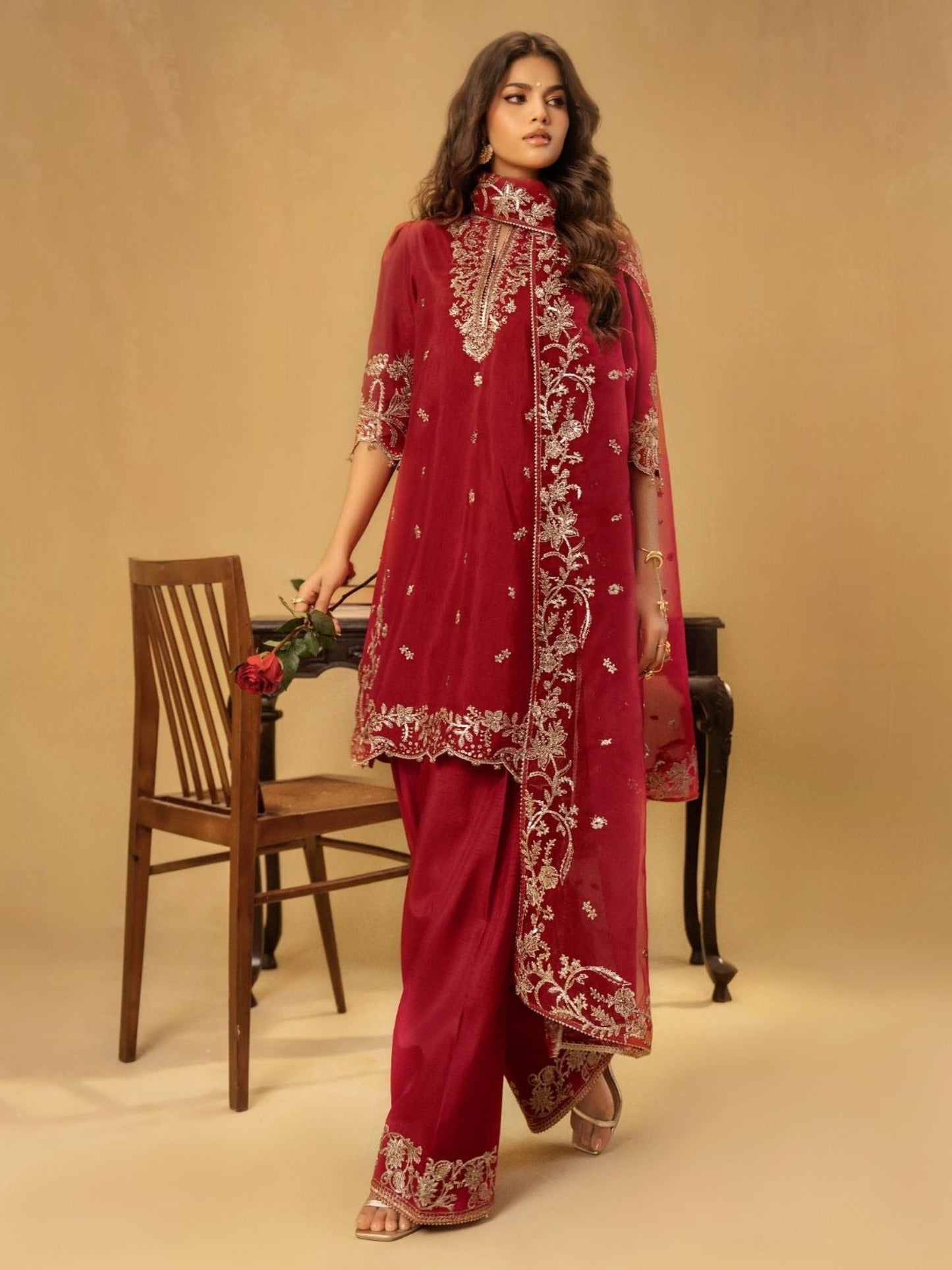 Red-Enzo Celia Korean Raw Silk Embroidered Stitched 3-Piece Suit-Lyra