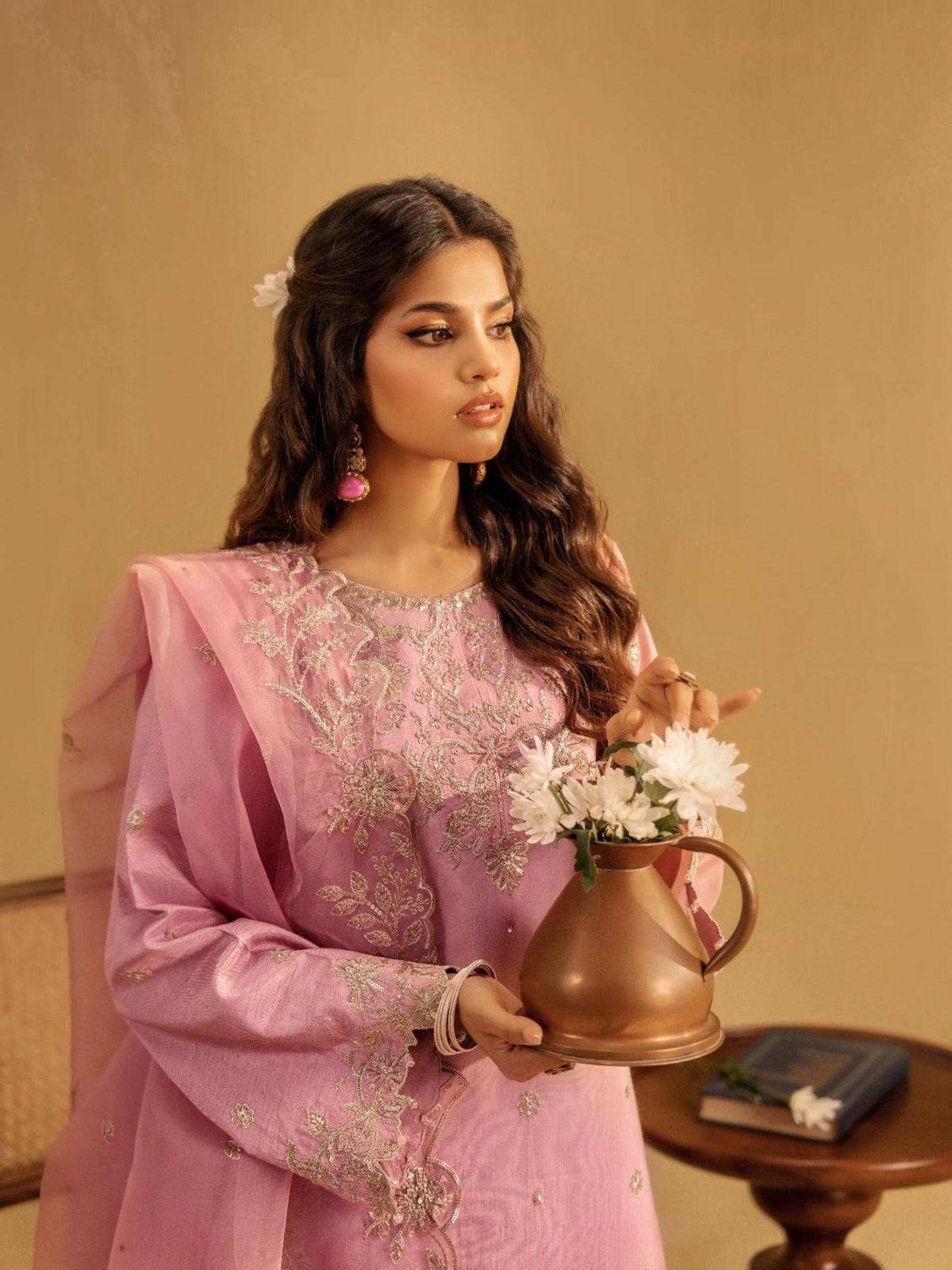 Pink-Enzo Celia Korean Raw Silk Embroidered Unstitched 3-Piece Suit-Elara