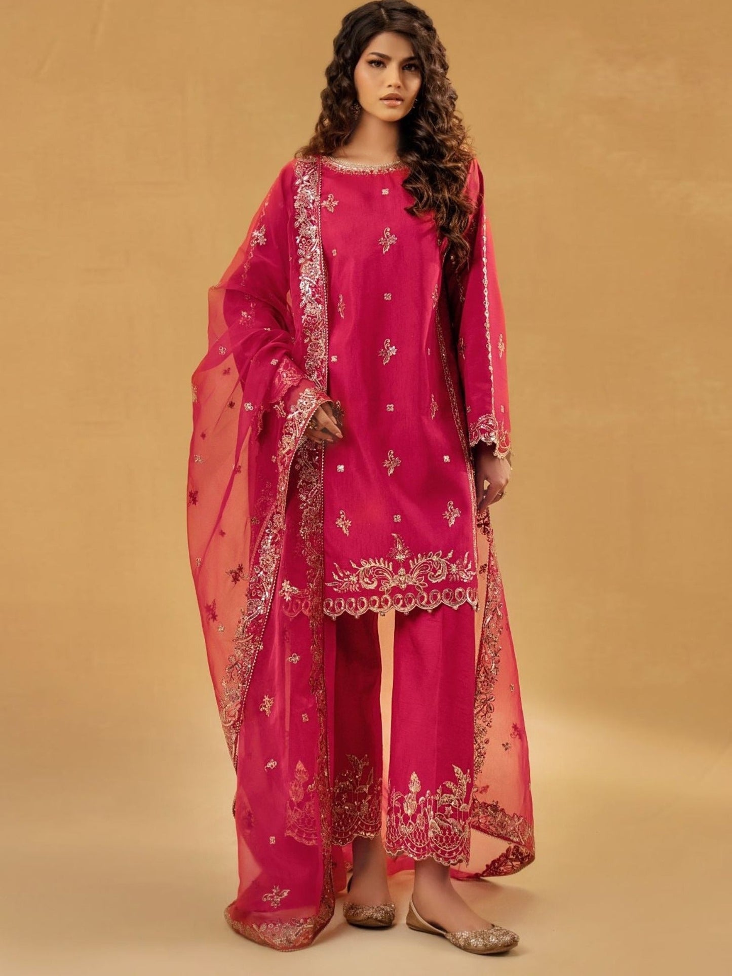 Pink-Enzo Celia Korean Raw Silk Embroidered Stitched 3-Piece Suit-Myrha