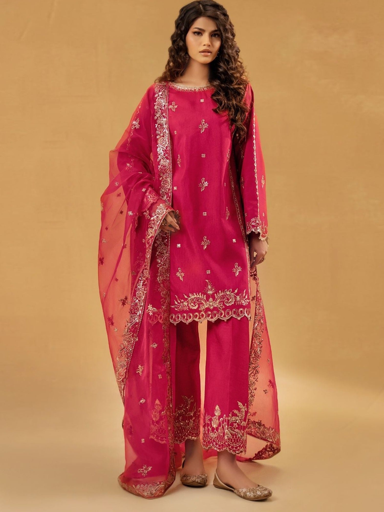 Pink-Enzo Celia Korean Raw Silk Embroidered Stitched 3-Piece Suit-Myrha