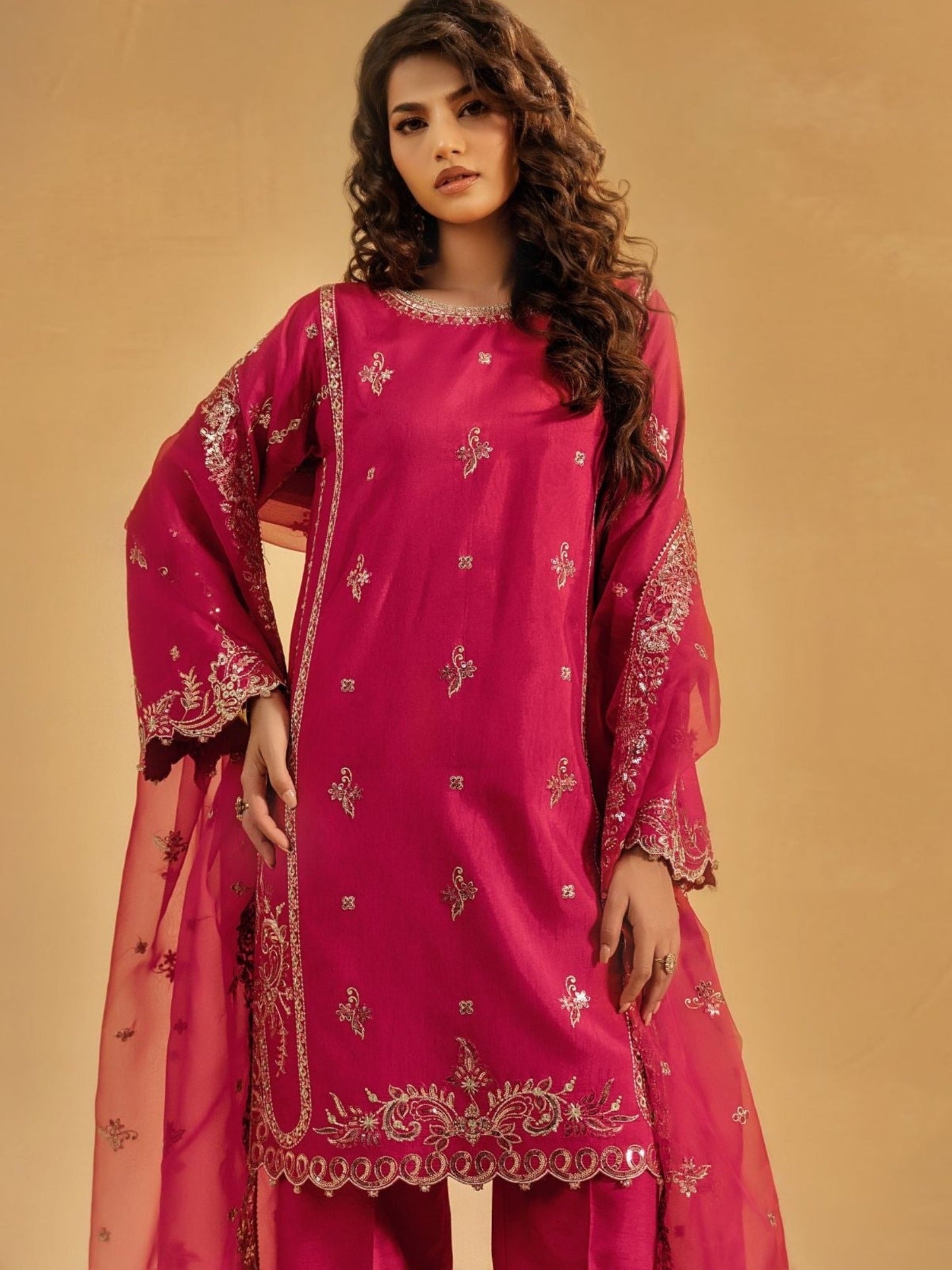 Pink-Enzo Celia Korean Raw Silk Embroidered Stitched 3-Piece Suit-Myrha
