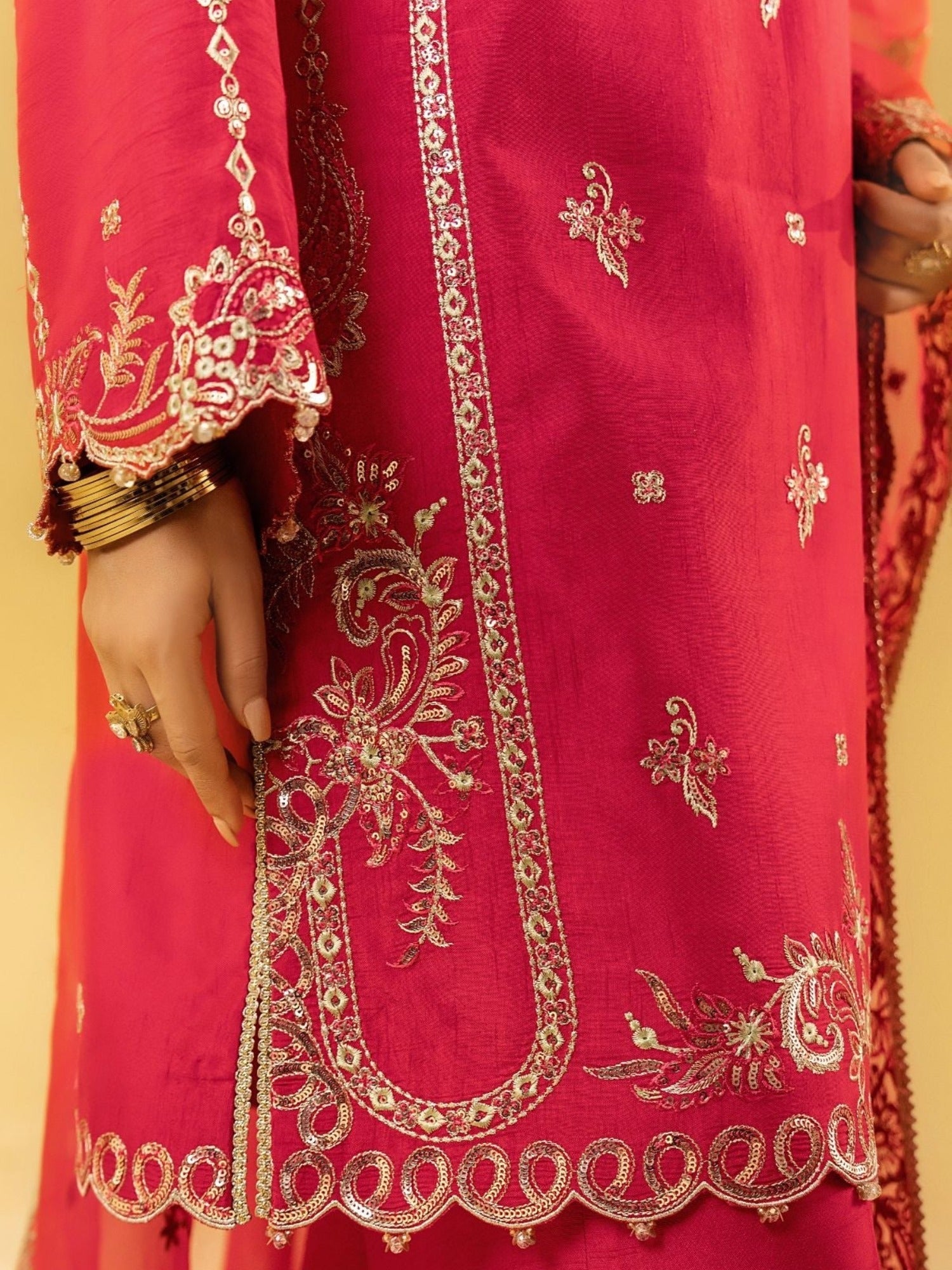 Pink-Enzo Celia Korean Raw Silk Embroidered Stitched 3-Piece Suit-Myrha