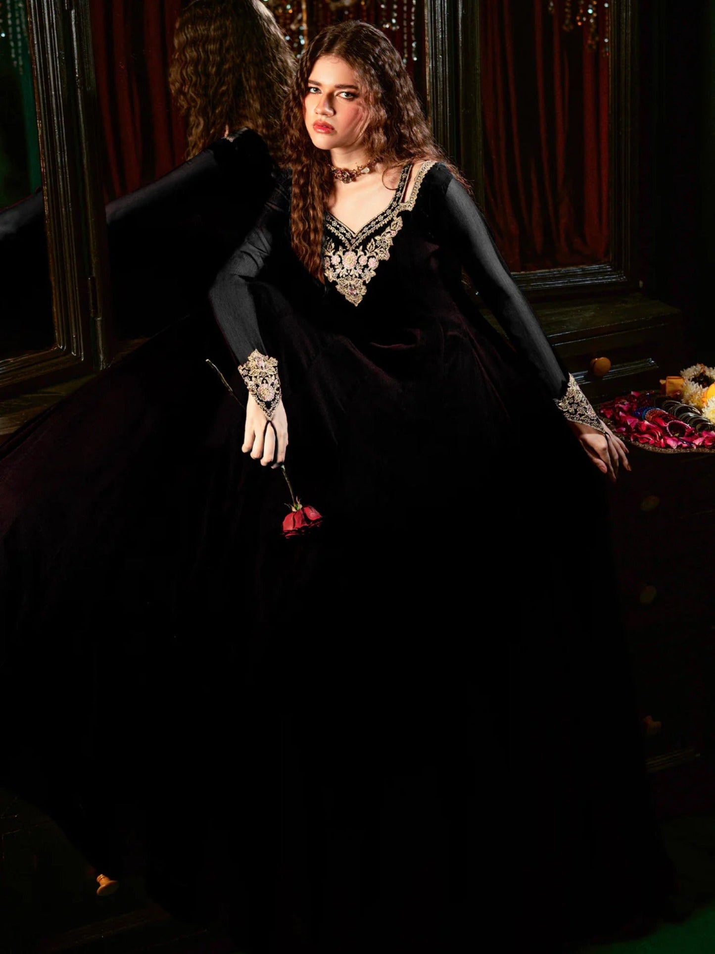 Black Hani & Umaima Chiffon Embroidered Stitched 2-Piece Suit-Malika