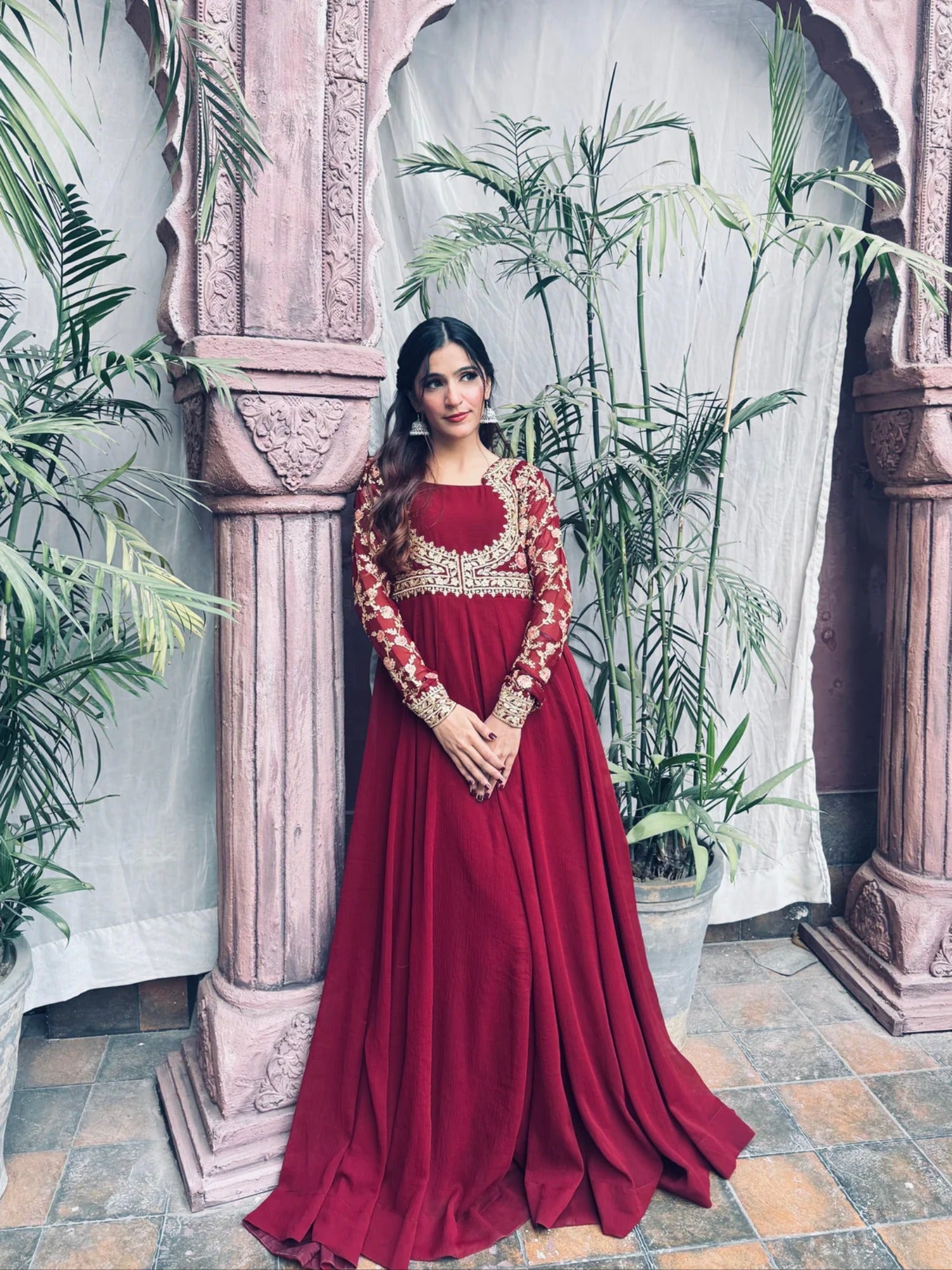 Maroon Hani & Umaima Chiffon Embroidered Stitched 2-Piece Suit-Afsana