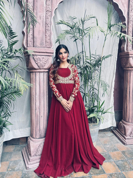 Maroon Hani & Umaima Chiffon Embroidered Stitched 2-Piece Suit-Afsana