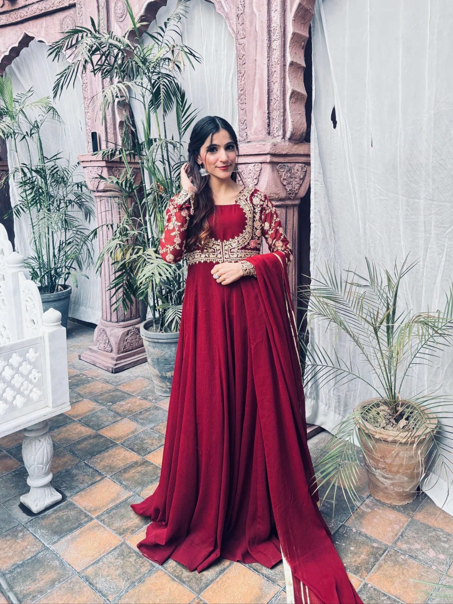 Maroon Hani & Umaima Chiffon Embroidered Stitched 2-Piece Suit-Afsana