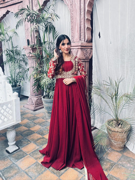 Maroon Hani & Umaima Chiffon Embroidered Stitched 2-Piece Suit-Afsana