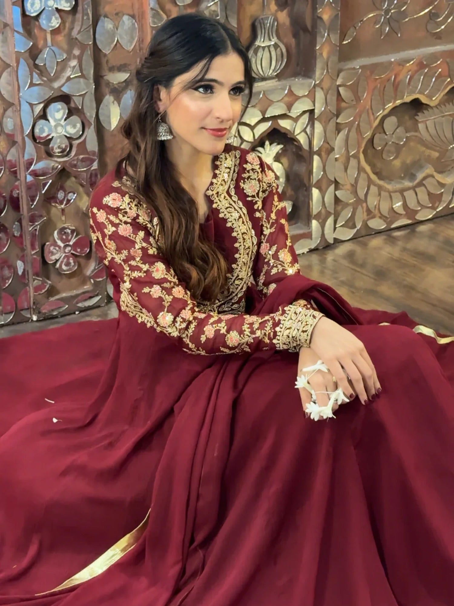 Maroon Hani & Umaima Chiffon Embroidered Stitched 2-Piece Suit-Afsana
