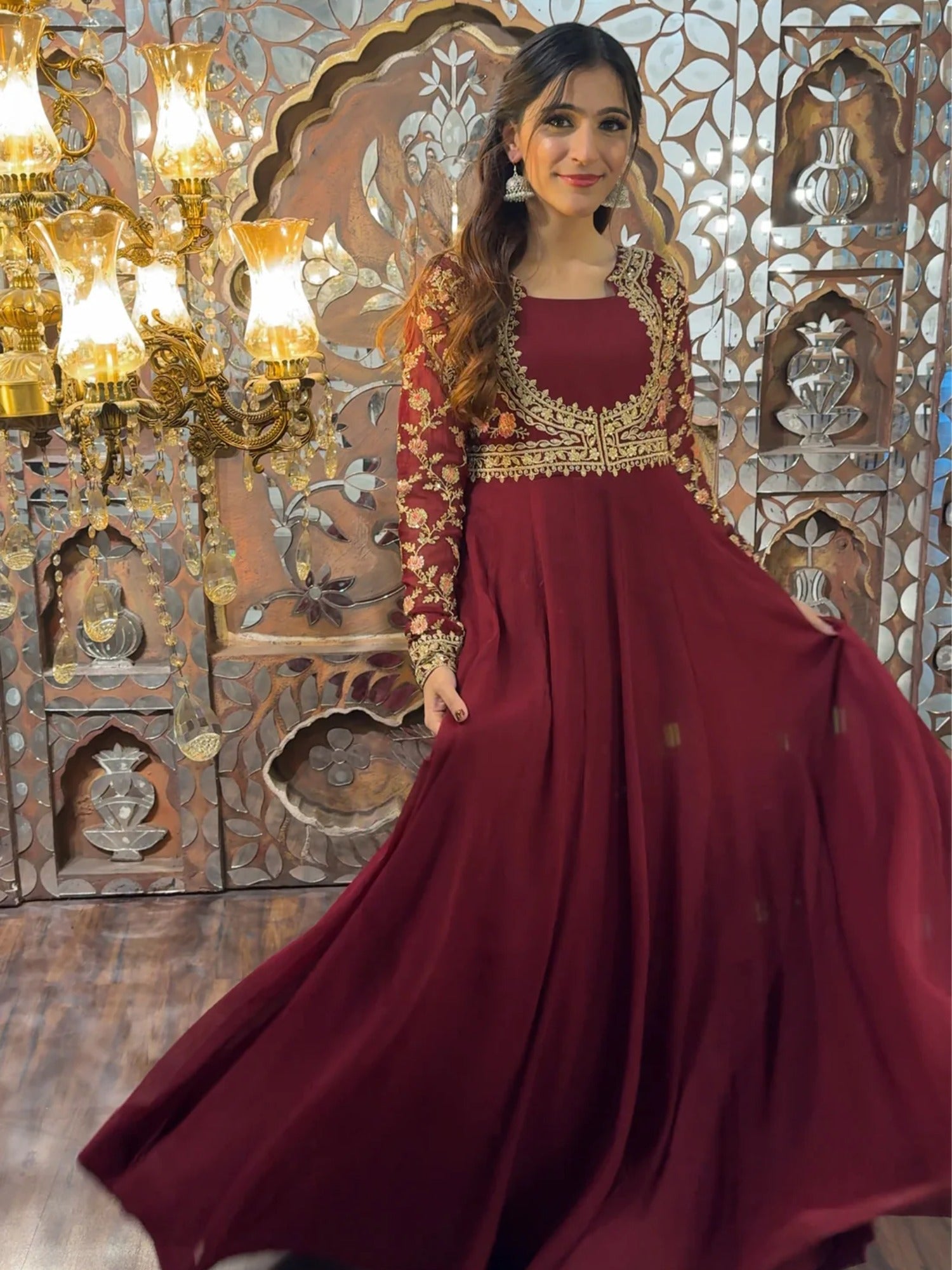 Maroon Hani & Umaima Chiffon Embroidered Stitched 2-Piece Suit-Afsana