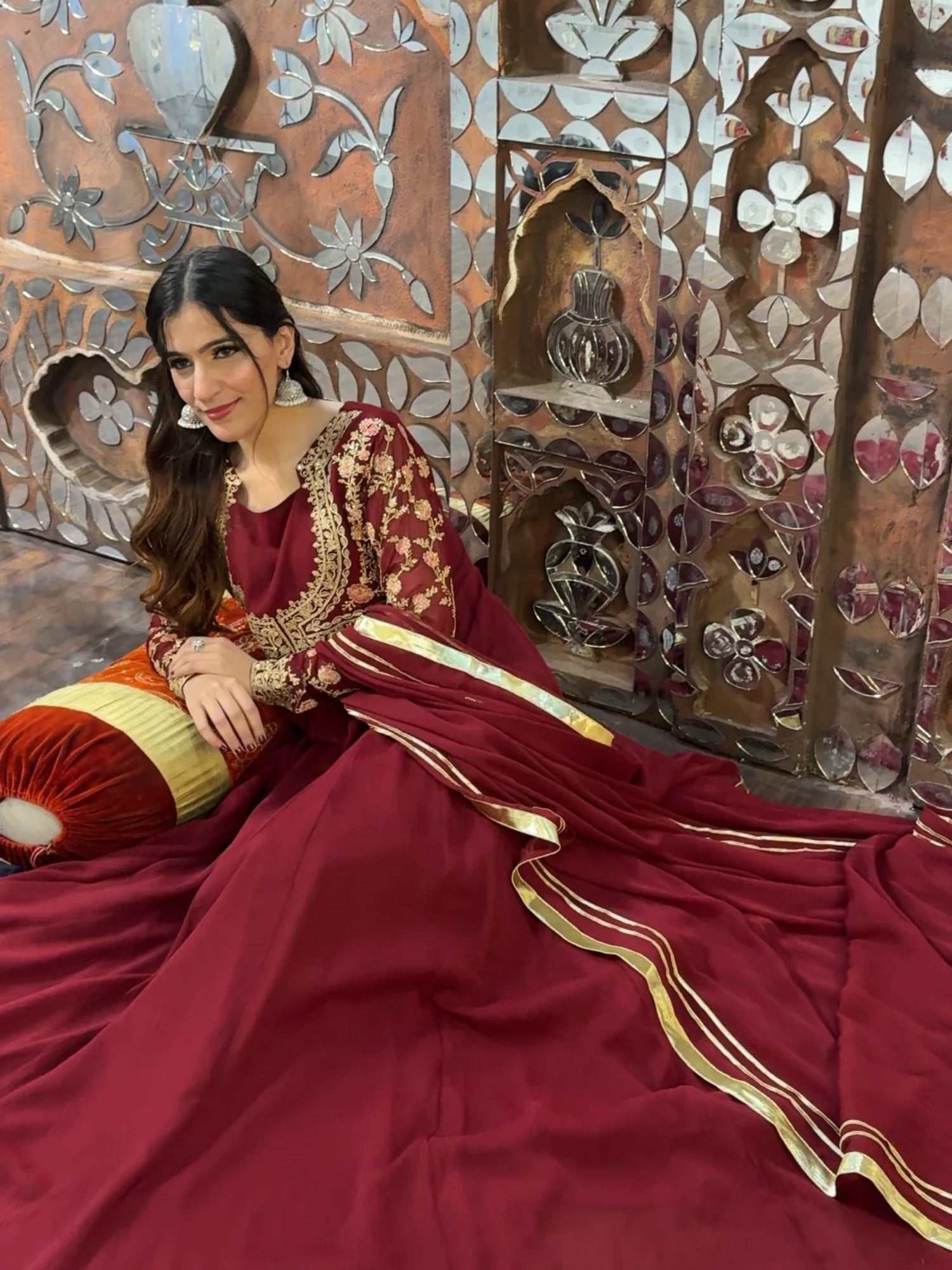 Maroon Hani & Umaima Chiffon Embroidered Stitched 2-Piece Suit-Afsana