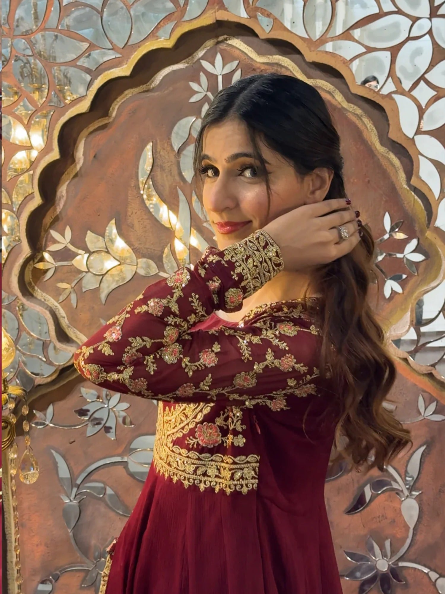 Maroon Hani & Umaima Chiffon Embroidered Stitched 2-Piece Suit-Afsana