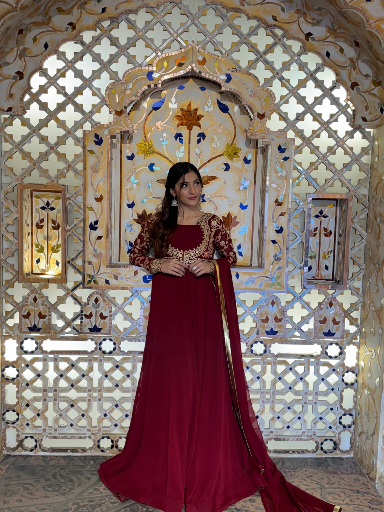 Maroon Hani & Umaima Chiffon Embroidered Stitched 2-Piece Suit-Afsana