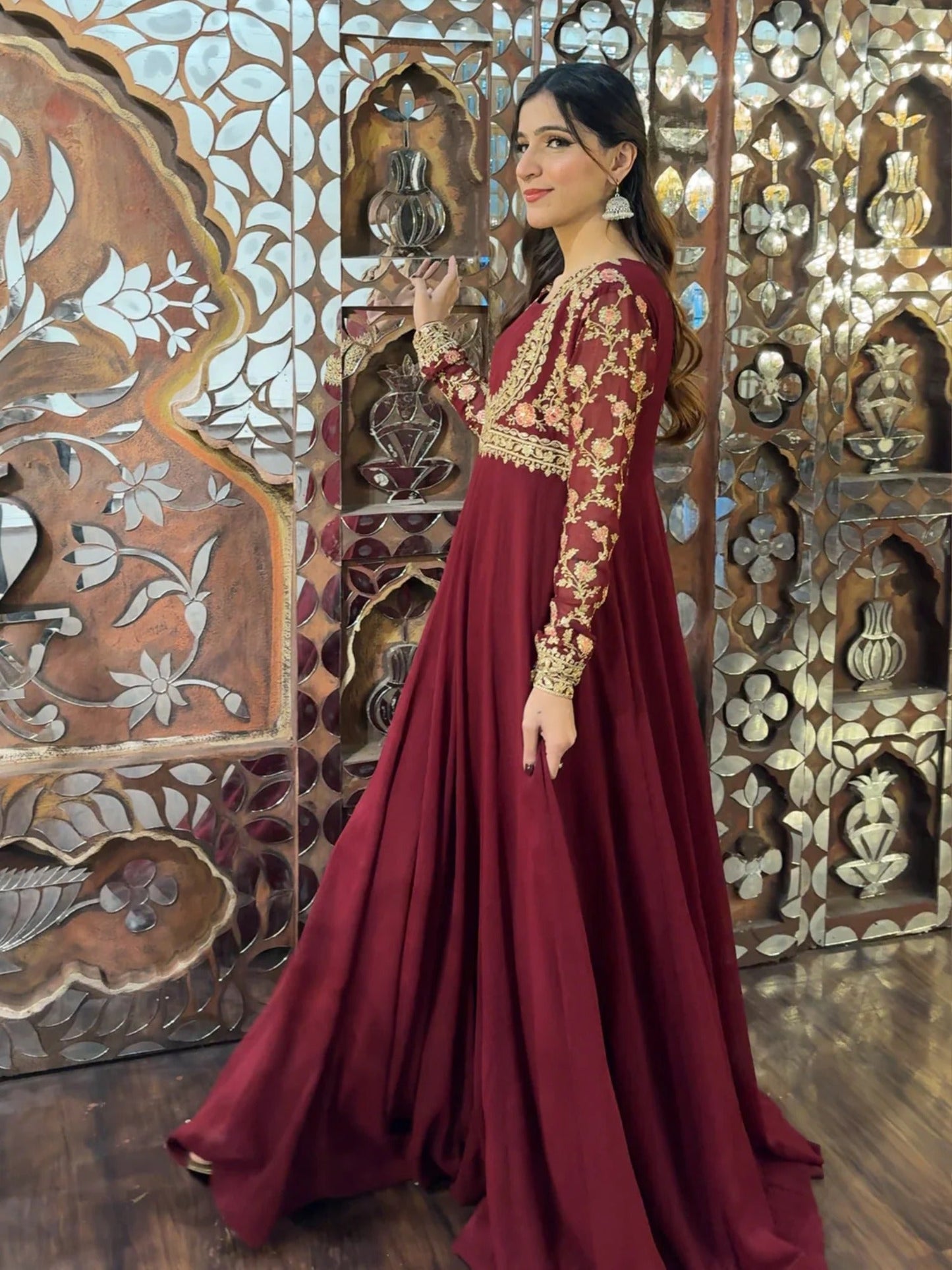 Maroon Hani & Umaima Chiffon Embroidered Stitched 2-Piece Suit-Afsana