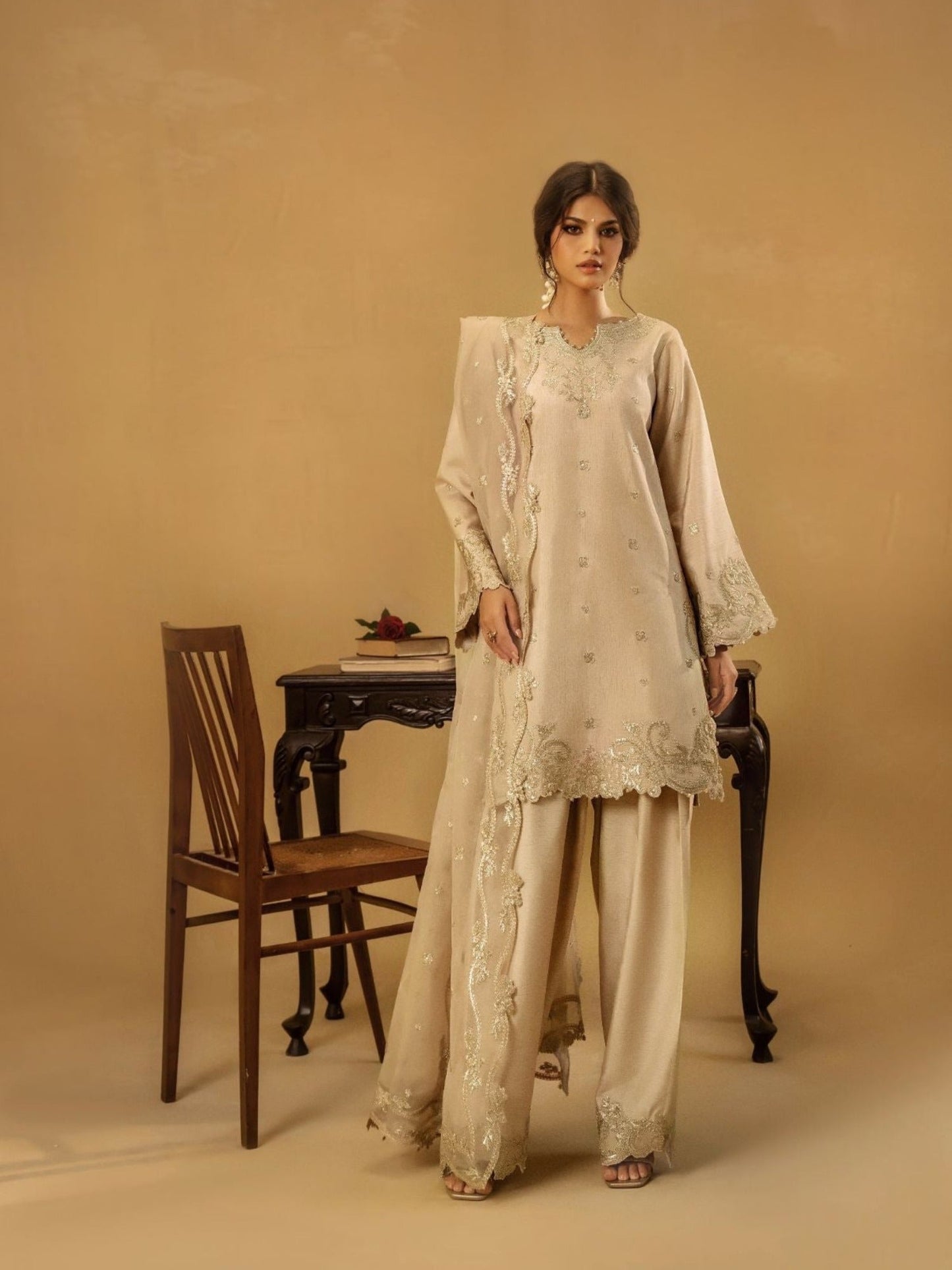 Beige-Enzo Celia Korean Raw Silk Embroidered Unstitched 3-Piece Suit-Naira