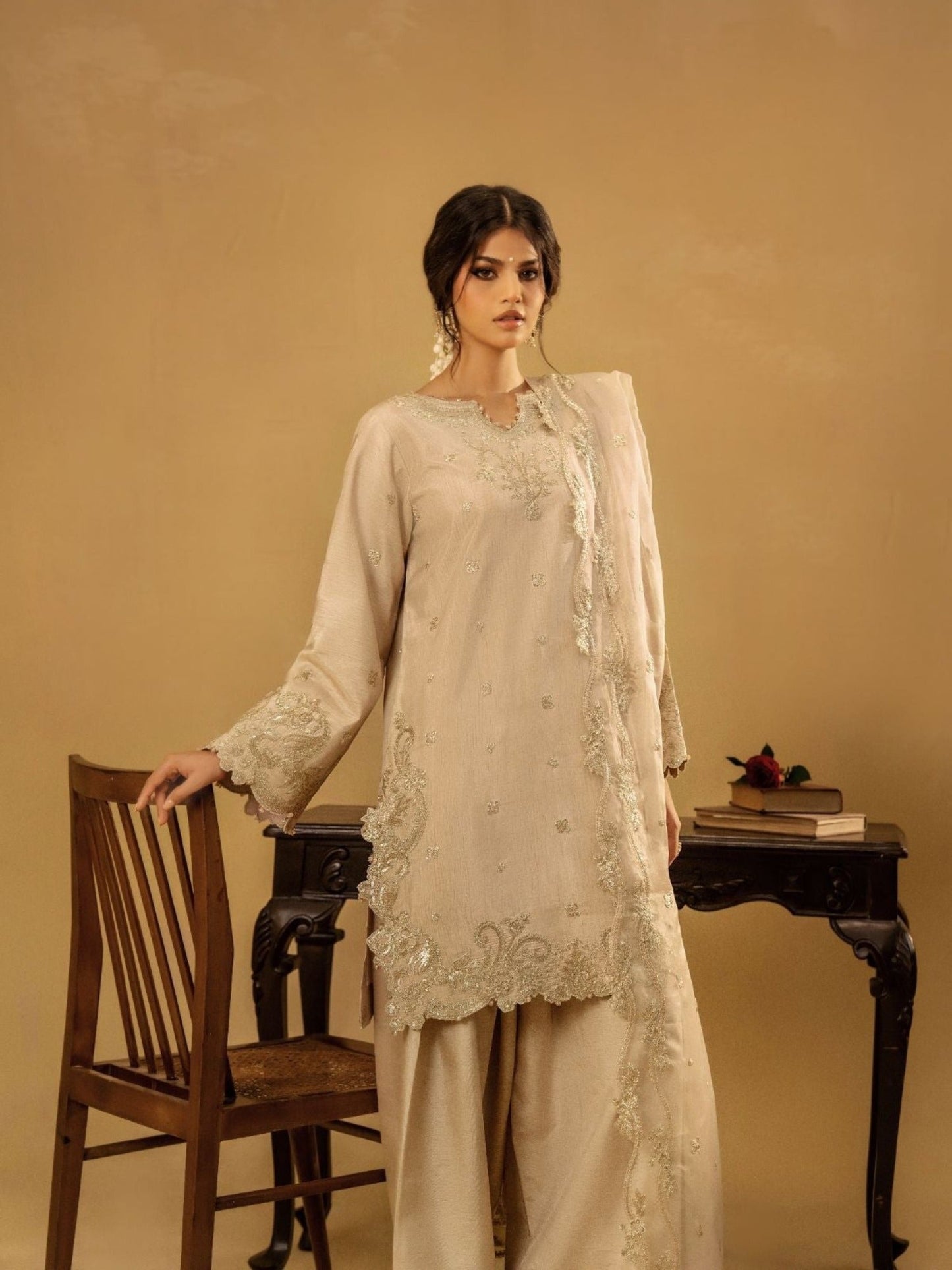 Beige-Enzo Celia Korean Raw Silk Embroidered Unstitched 3-Piece Suit-Naira