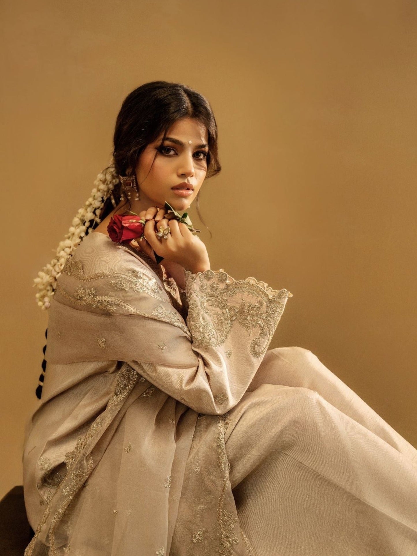 Beige-Enzo Celia Korean Raw Silk Embroidered Stitched 3-Piece Suit-Naira