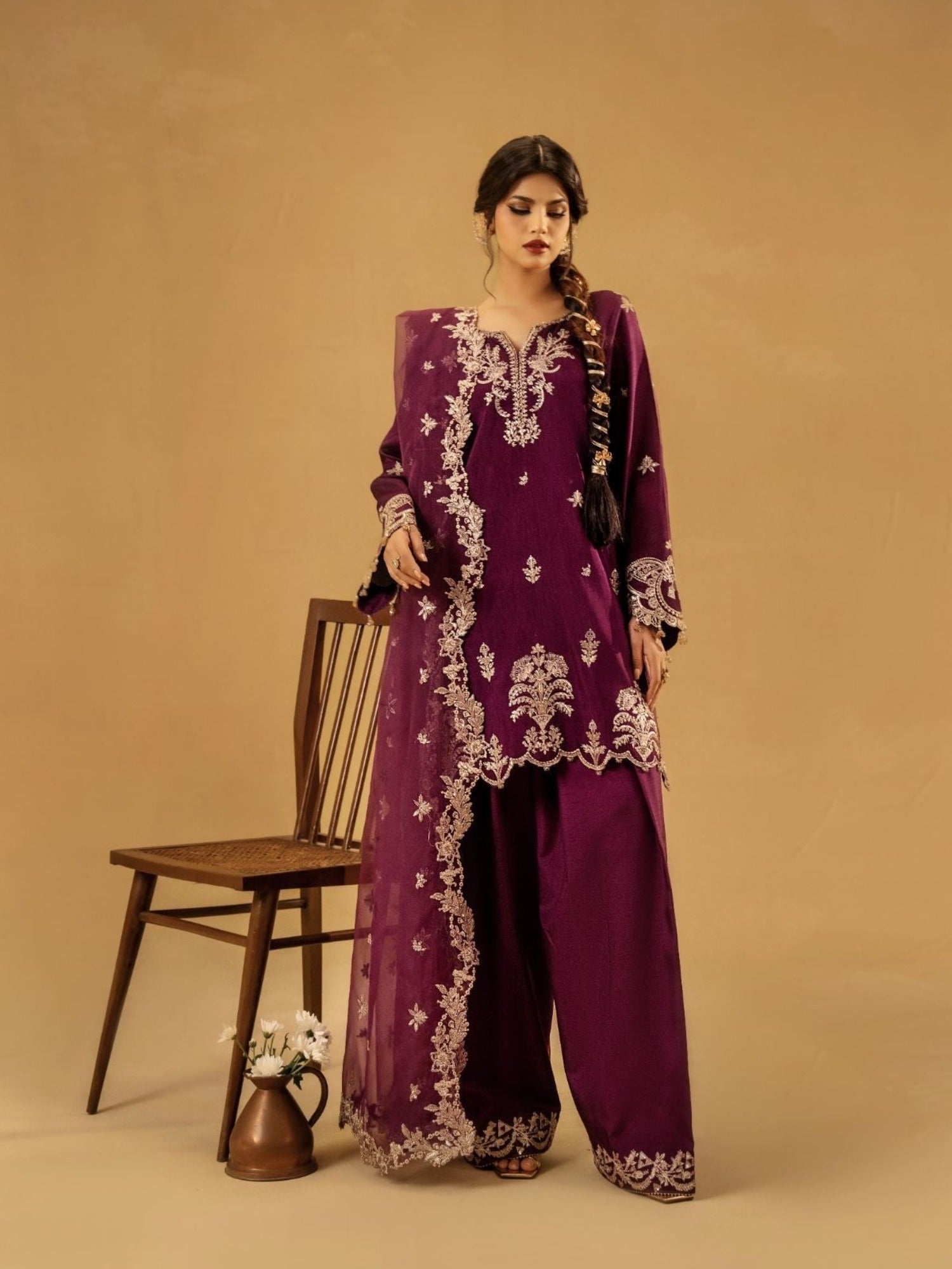 Purple-Enzo Celia Korean Raw Silk Embroidered Stitched 3-Piece Suit-Livia