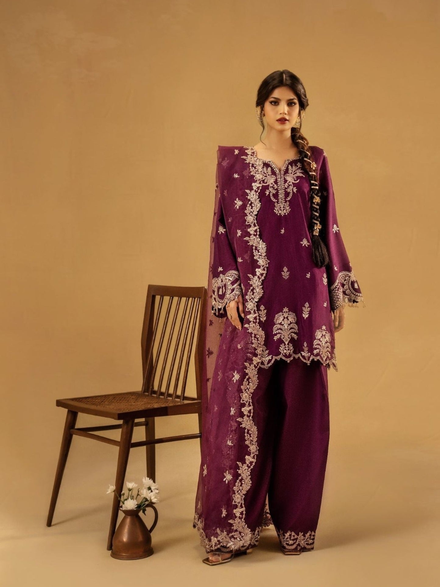 Purple-Enzo Celia Korean Raw Silk Embroidered Stitched 3-Piece Suit-Livia