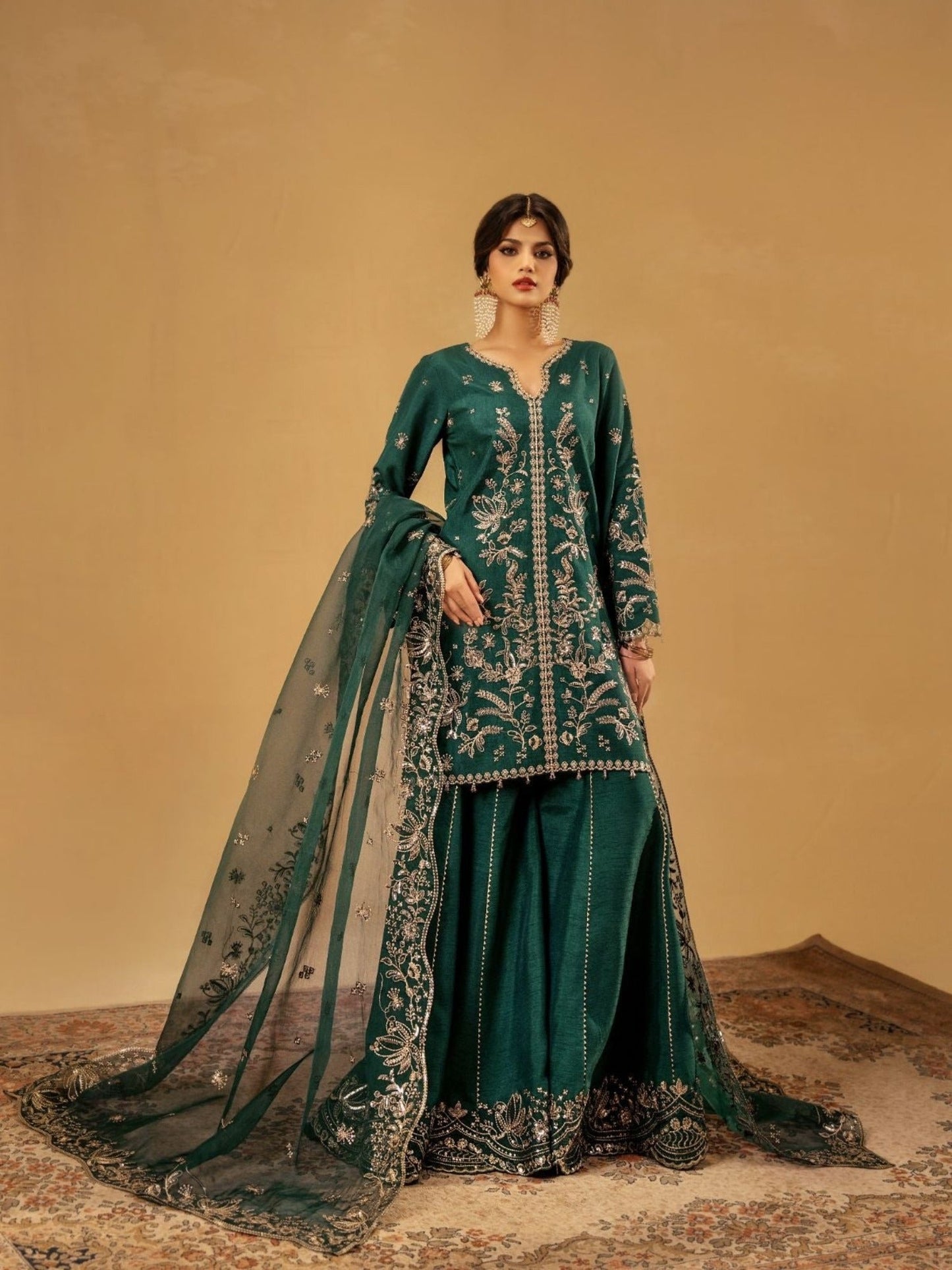Green Enzo Celia Korean Raw Silk Embroidered Sharara-Freya