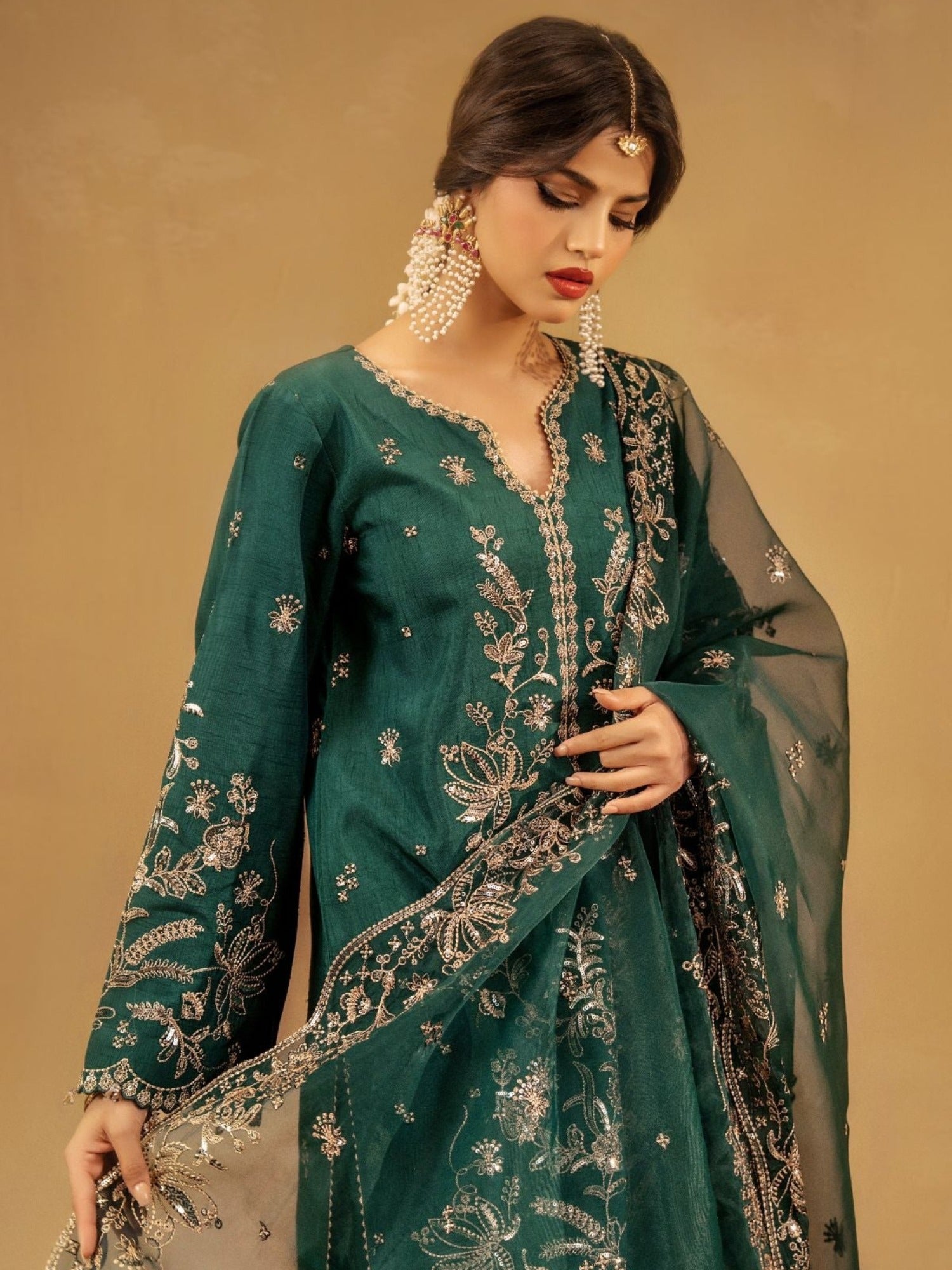 Green Enzo Celia Korean Raw Silk Embroidered Sharara-Freya