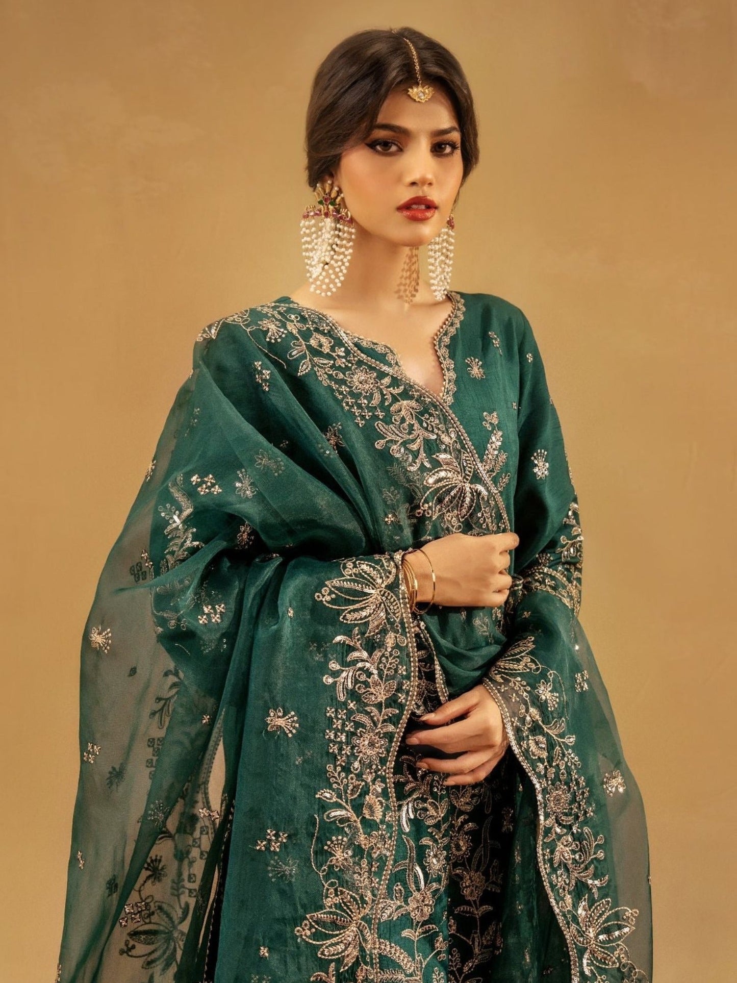 Green Enzo Celia Korean Raw Silk Embroidered Sharara-Freya