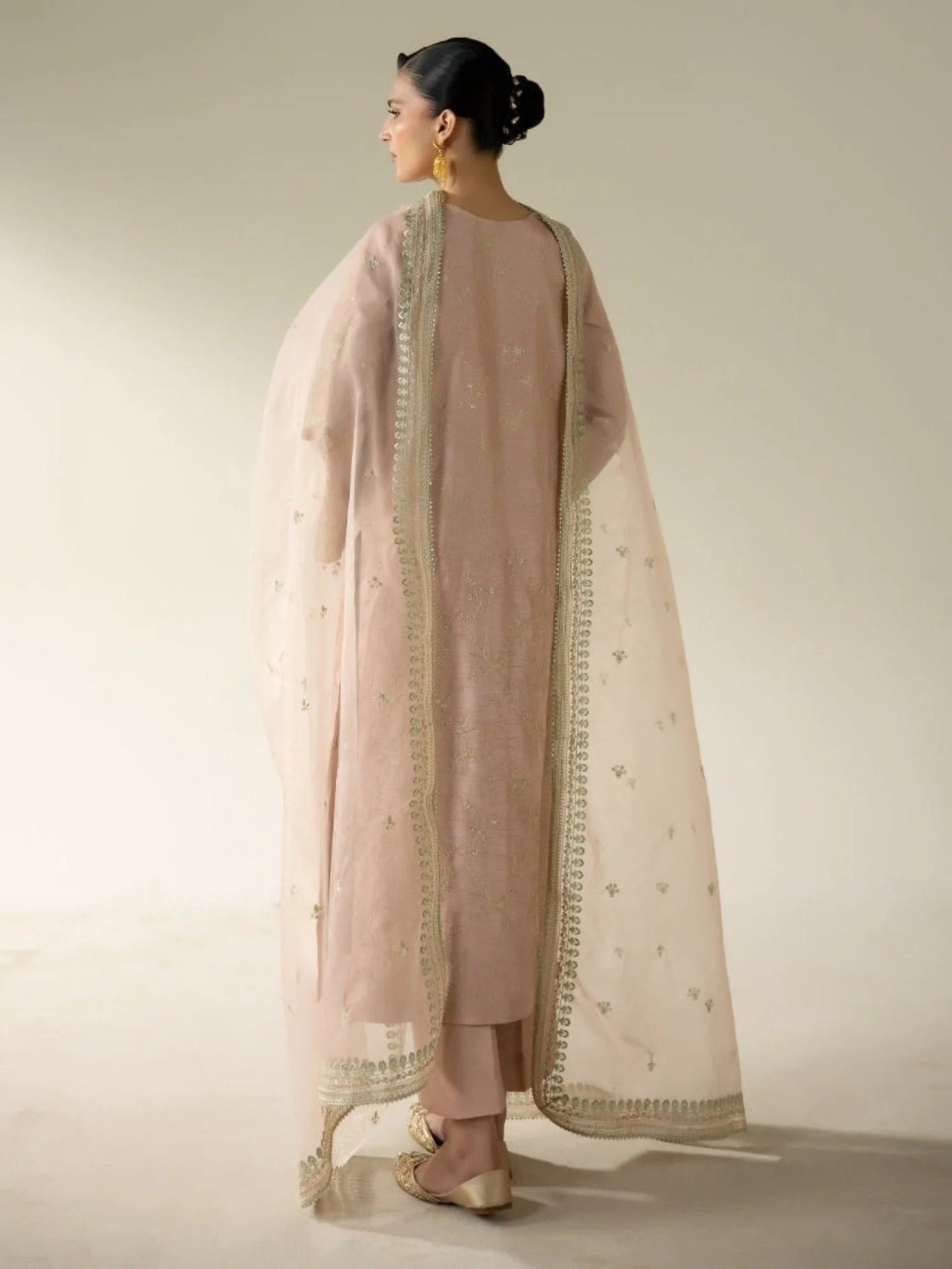 Peach Enzo Lune Des Fleurs Korean Raw Silk Embroidered Stitched 3-Piece Suit-Vaila