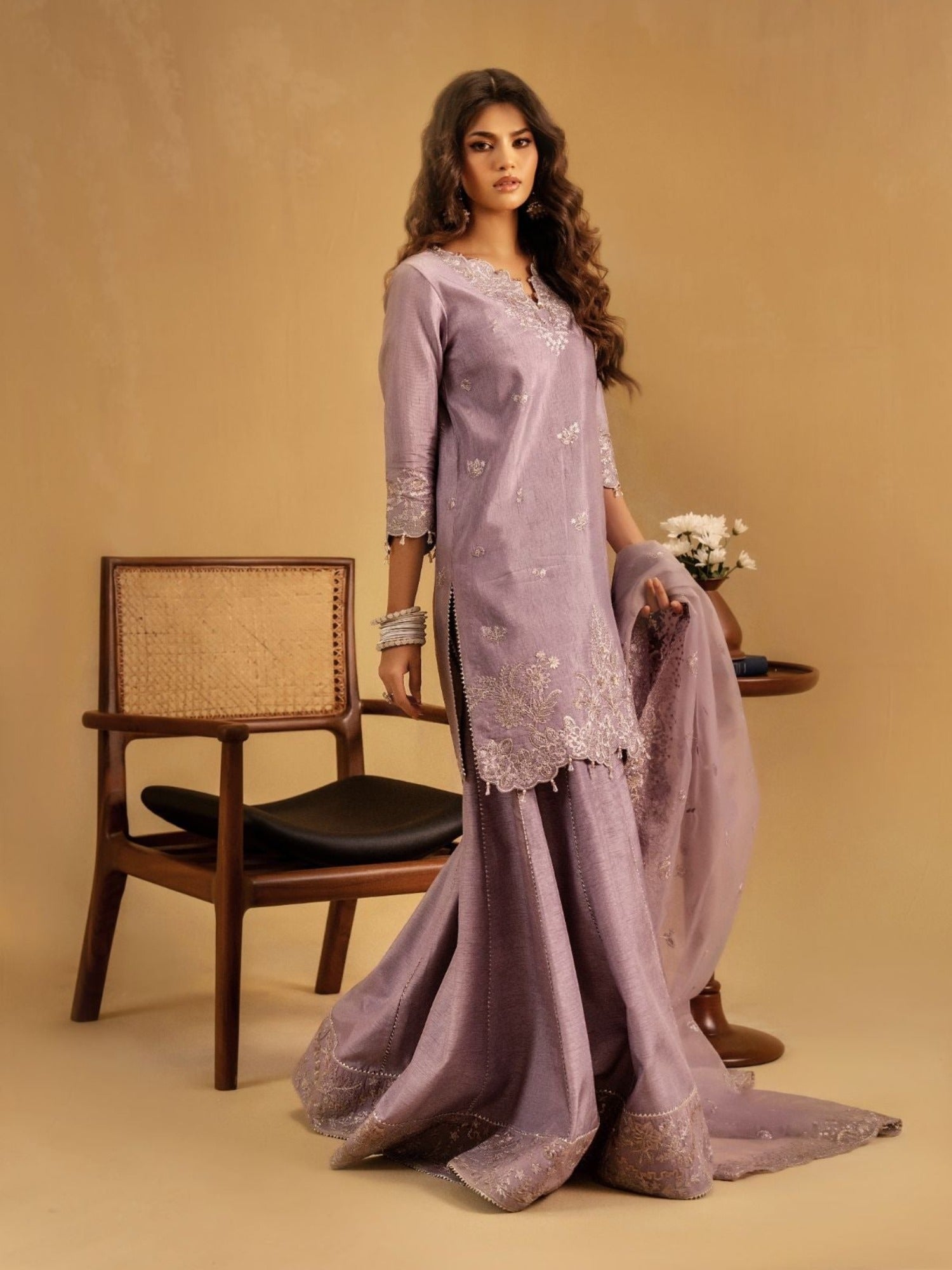 Lilac Enzo Celia Korean Raw Silk Embroidered Sharara-Zoyi