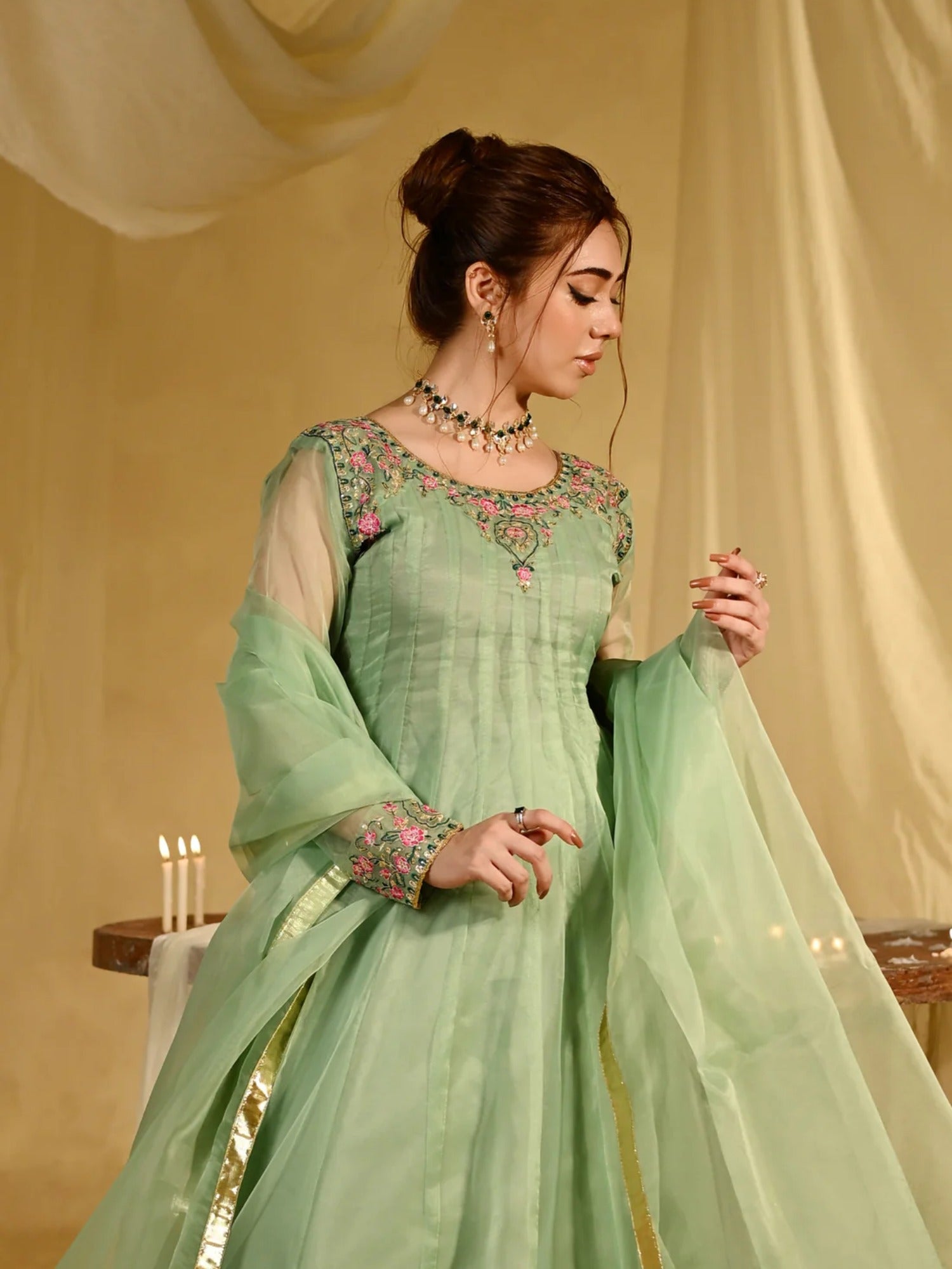 Green Hani & Umaima Organza Embroidered Stitched 2-Piece Suit-Negar