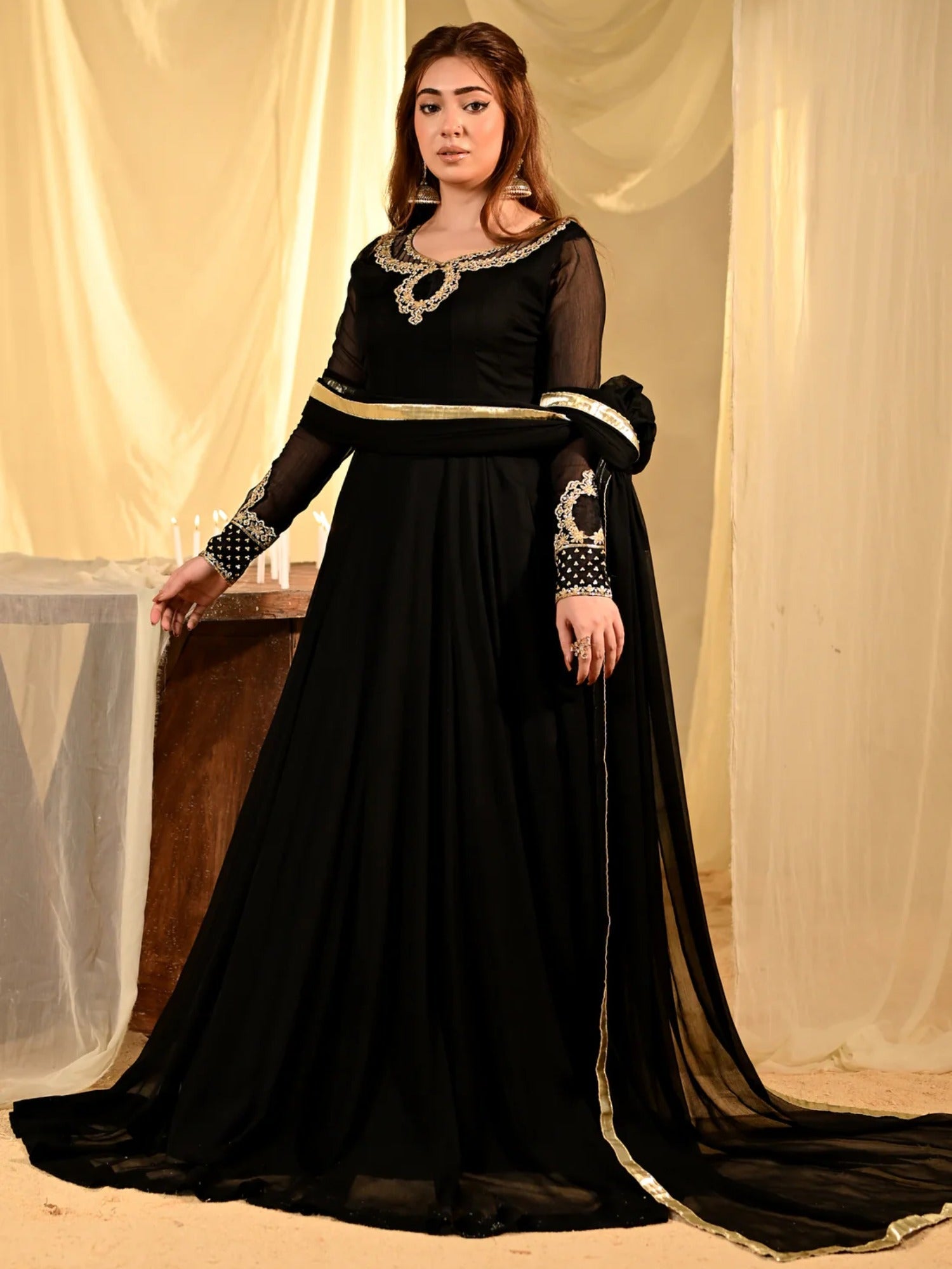 Black Hani & Umaima Chiffon Embroidered Stitched 2-Piece Suit-Abeer