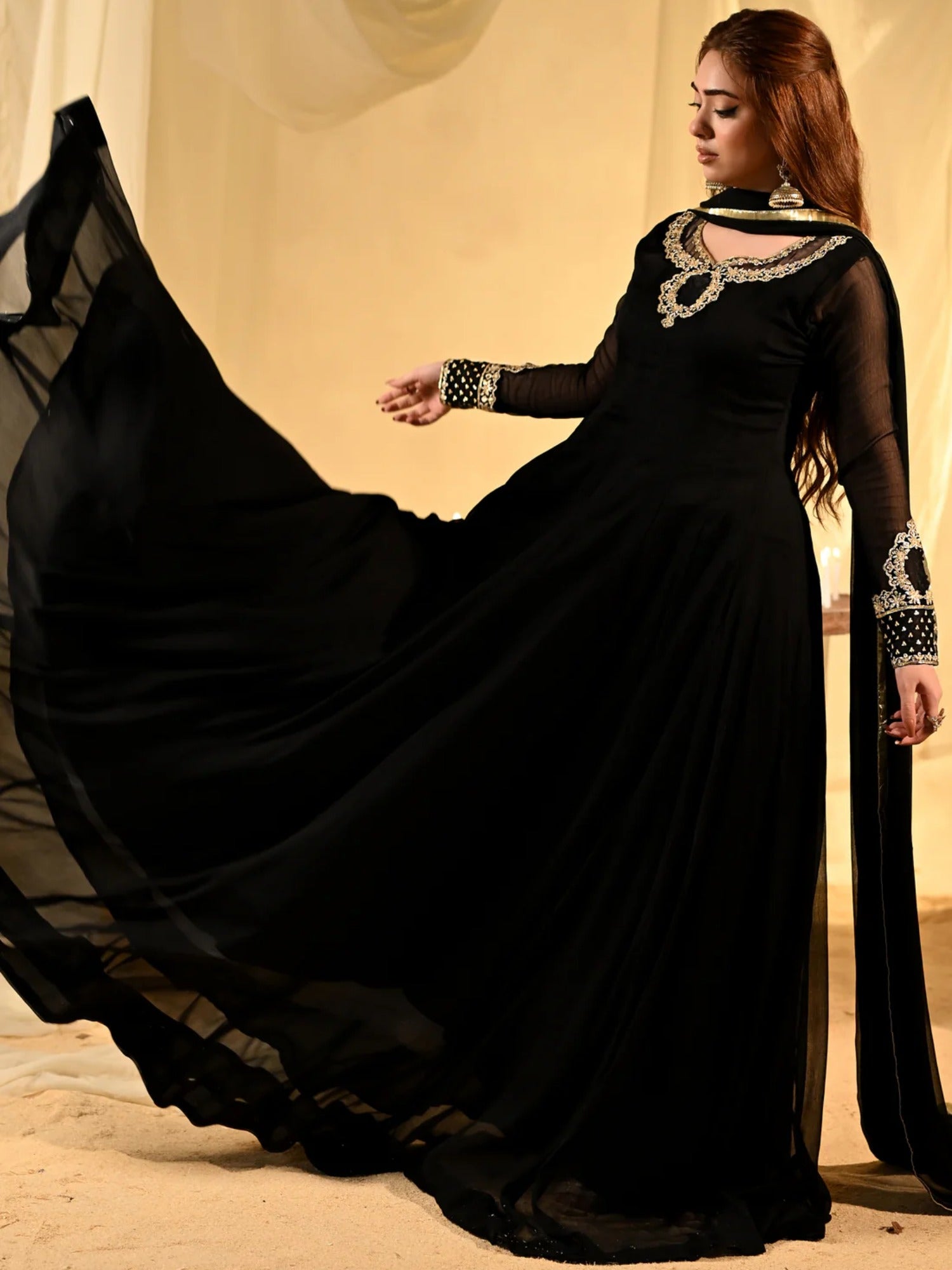 Black Hani & Umaima Chiffon Embroidered Stitched 2-Piece Suit-Abeer