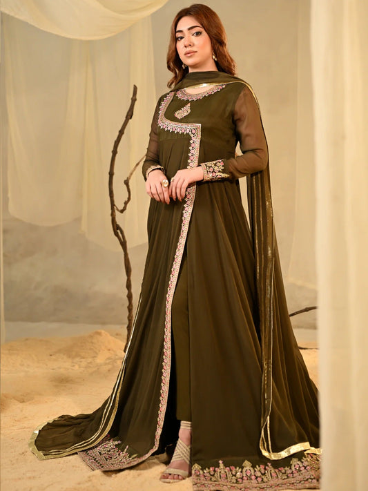 Olive Hani & Umaima Chiffon Embroidered Stitched 2-Piece Suit-Zohrish