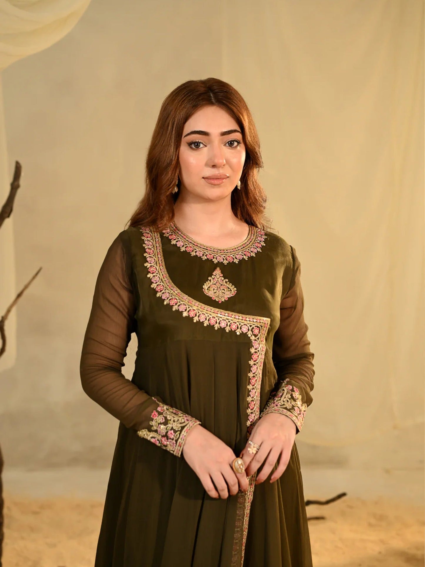 Olive Hani & Umaima Chiffon Embroidered Stitched 2-Piece Suit-Zohrish