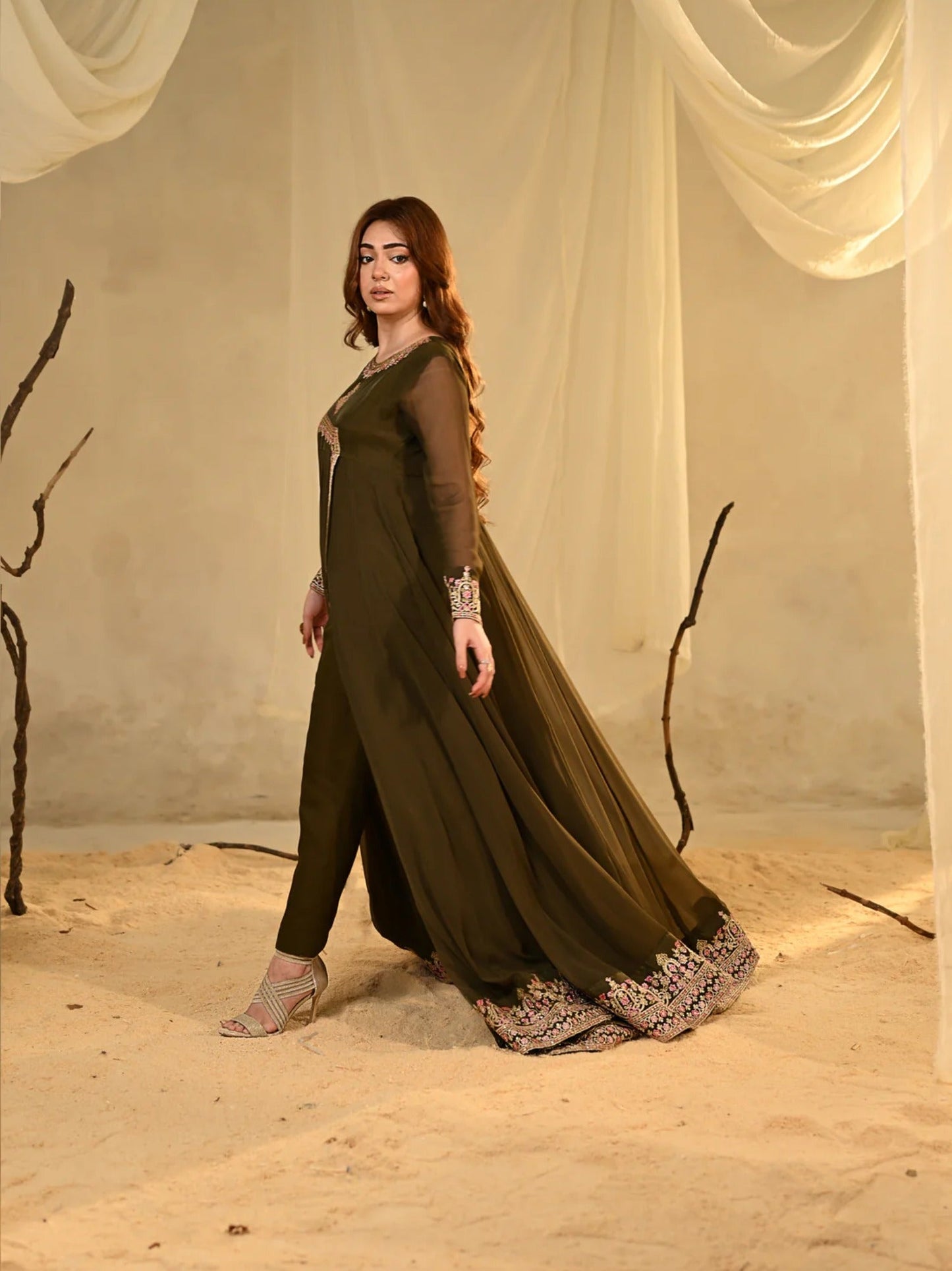 Olive Hani & Umaima Chiffon Embroidered Stitched 2-Piece Suit-Zohrish